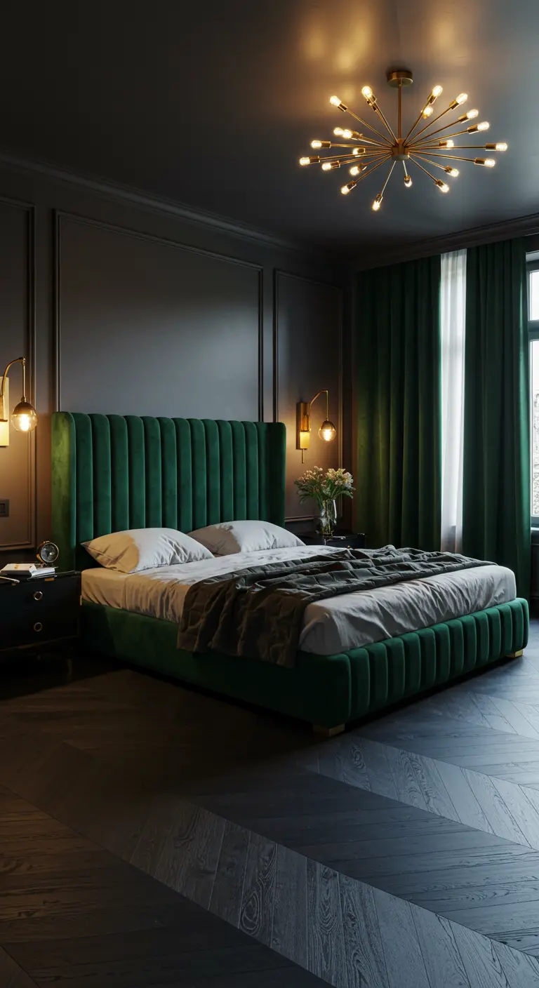 Dark bedroom with emerald green velvet bed, gold sputnik chandelier, and black paneled walls.