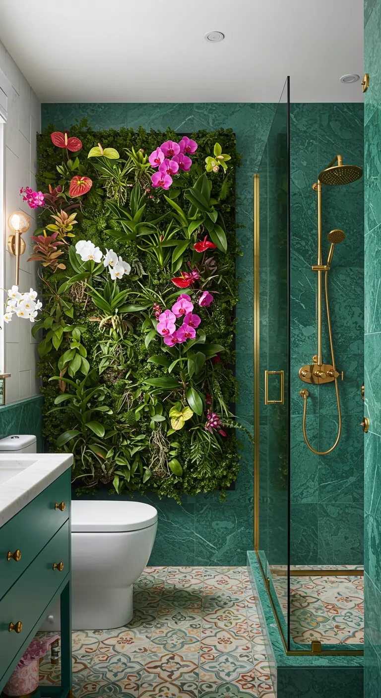 Green marble bathroom with a living wall of colorful orchids and brass fixtures.