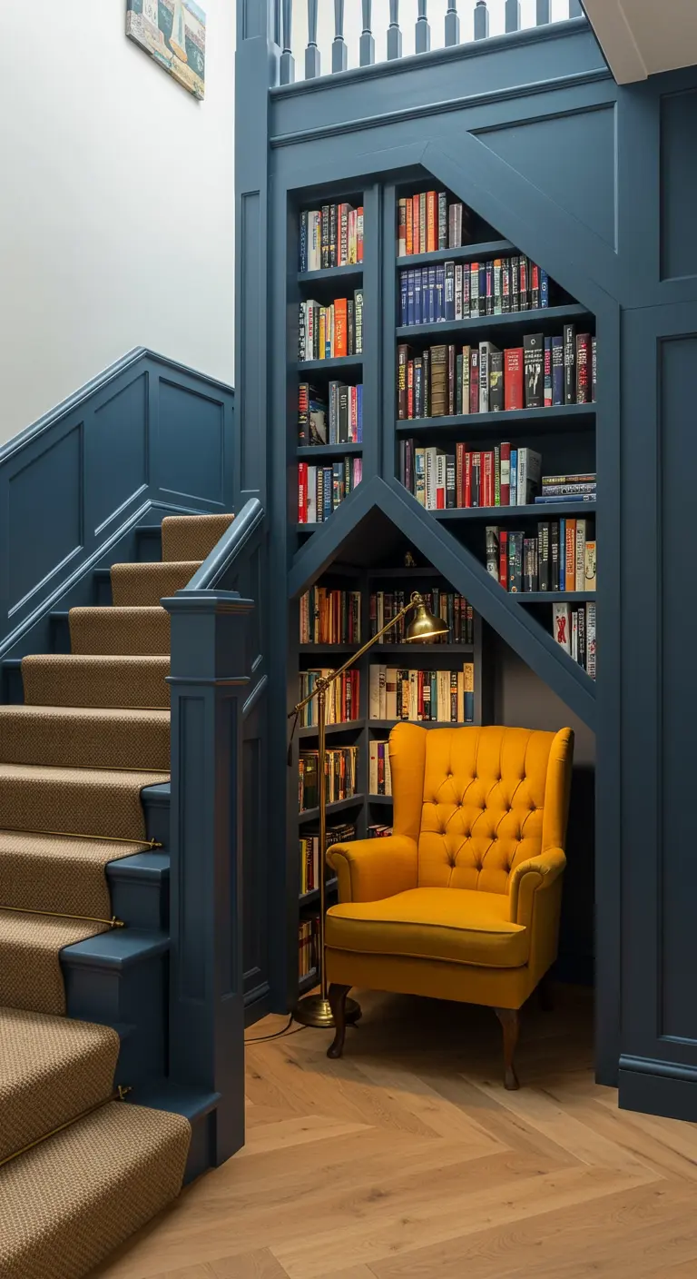 Under-stairs reading nook with blue built-in bookshelves and a yellow wingback chair.