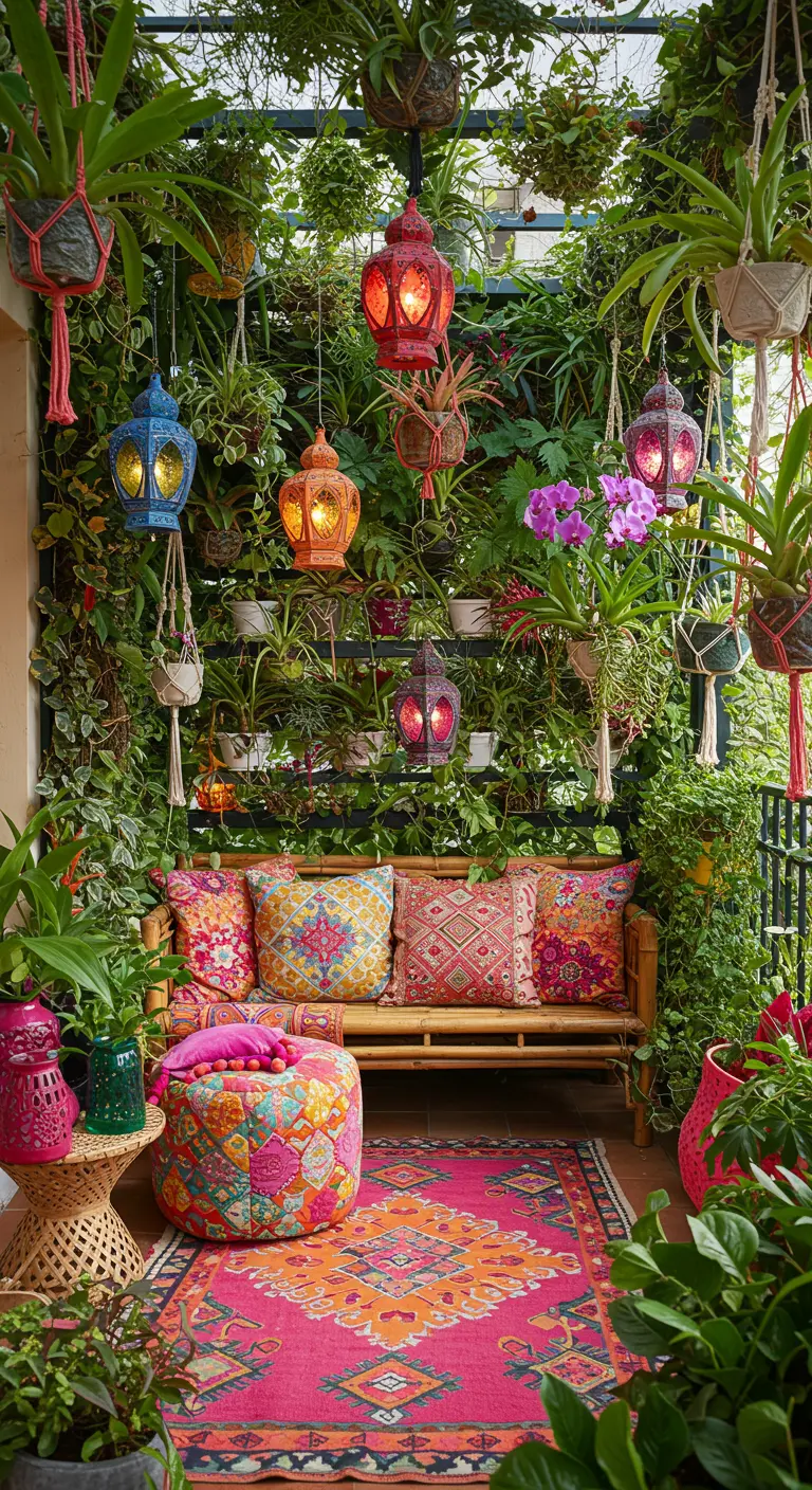 A lush, colorful balcony with a living wall, bamboo bench, and pink and orange accents.