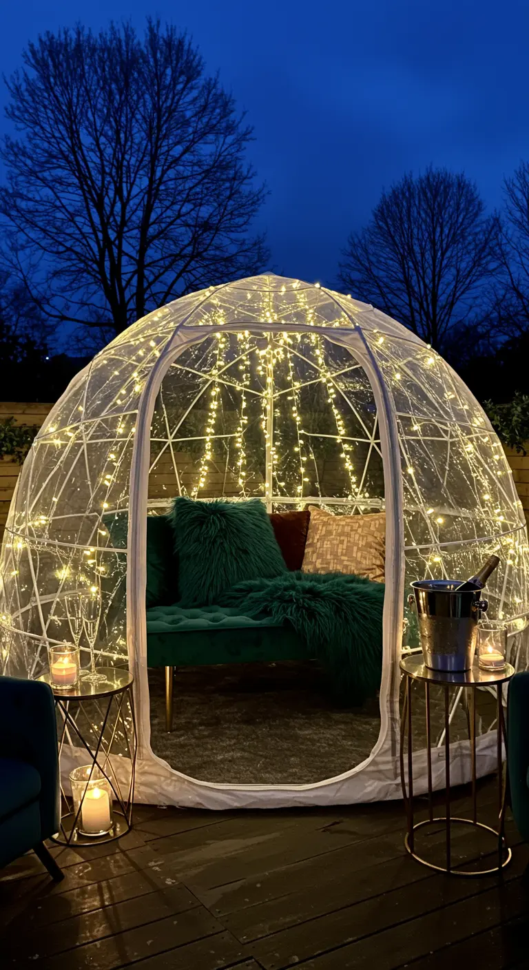 A transparent pod at night, illuminated by fairy lights, with a green velvet sofa inside.