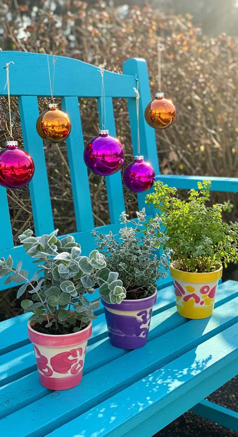 Colorful baubles hanging above potted plants on a bright blue bench.
