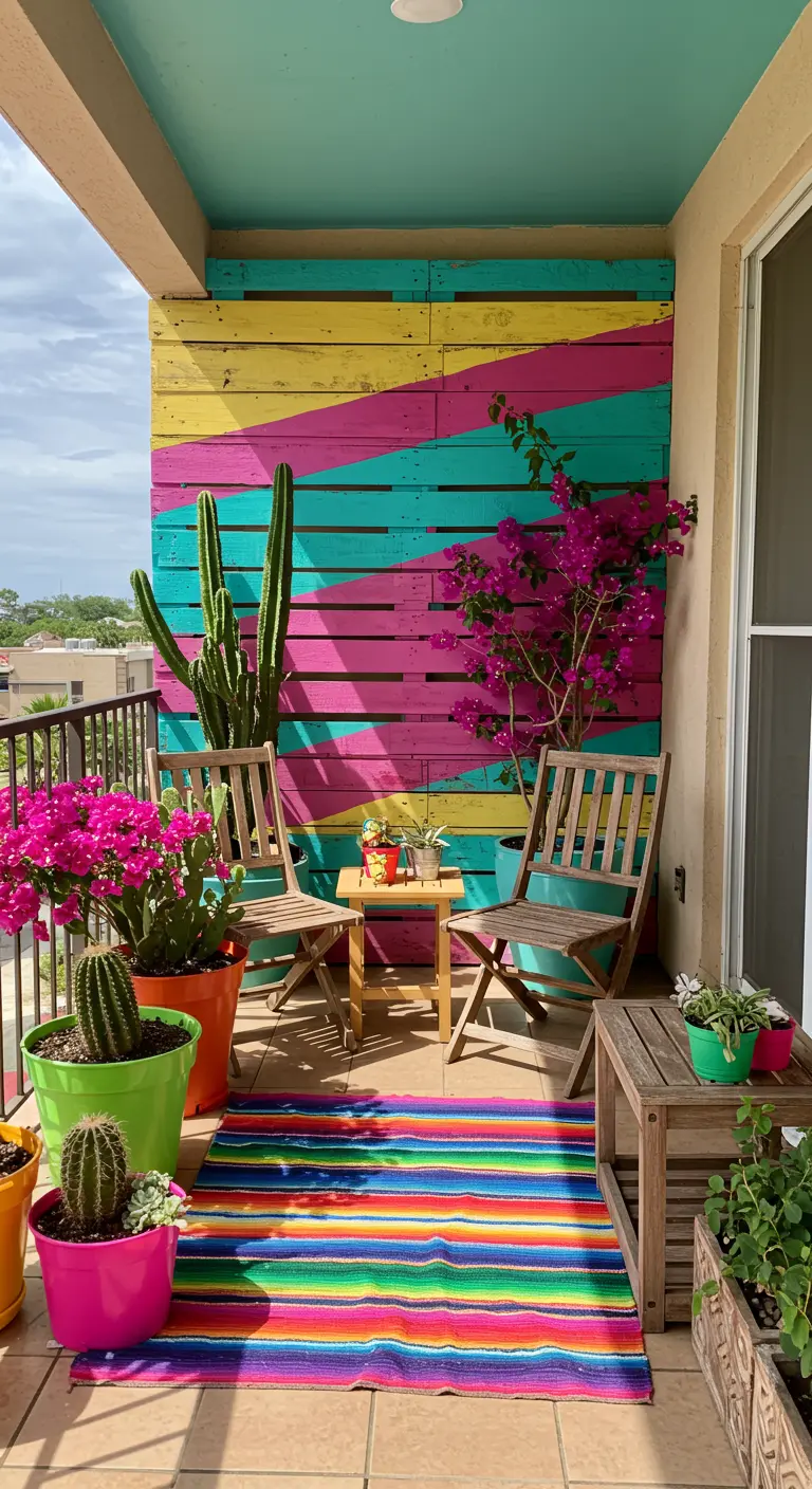 A brightly colored balcony with a painted pallet wall, a striped rug, and bougainvillea plants.