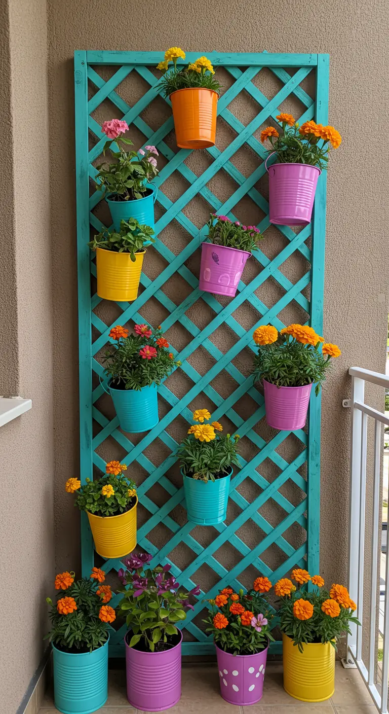 A bright turquoise trellis on a balcony wall decorated with colorful pots of flowers.