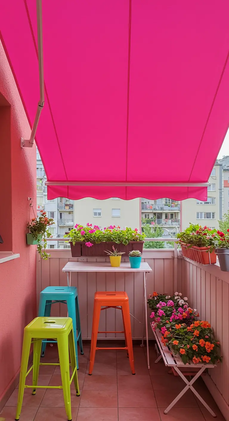 A brightly colored balcony with a hot pink awning and mismatched colorful stools.
