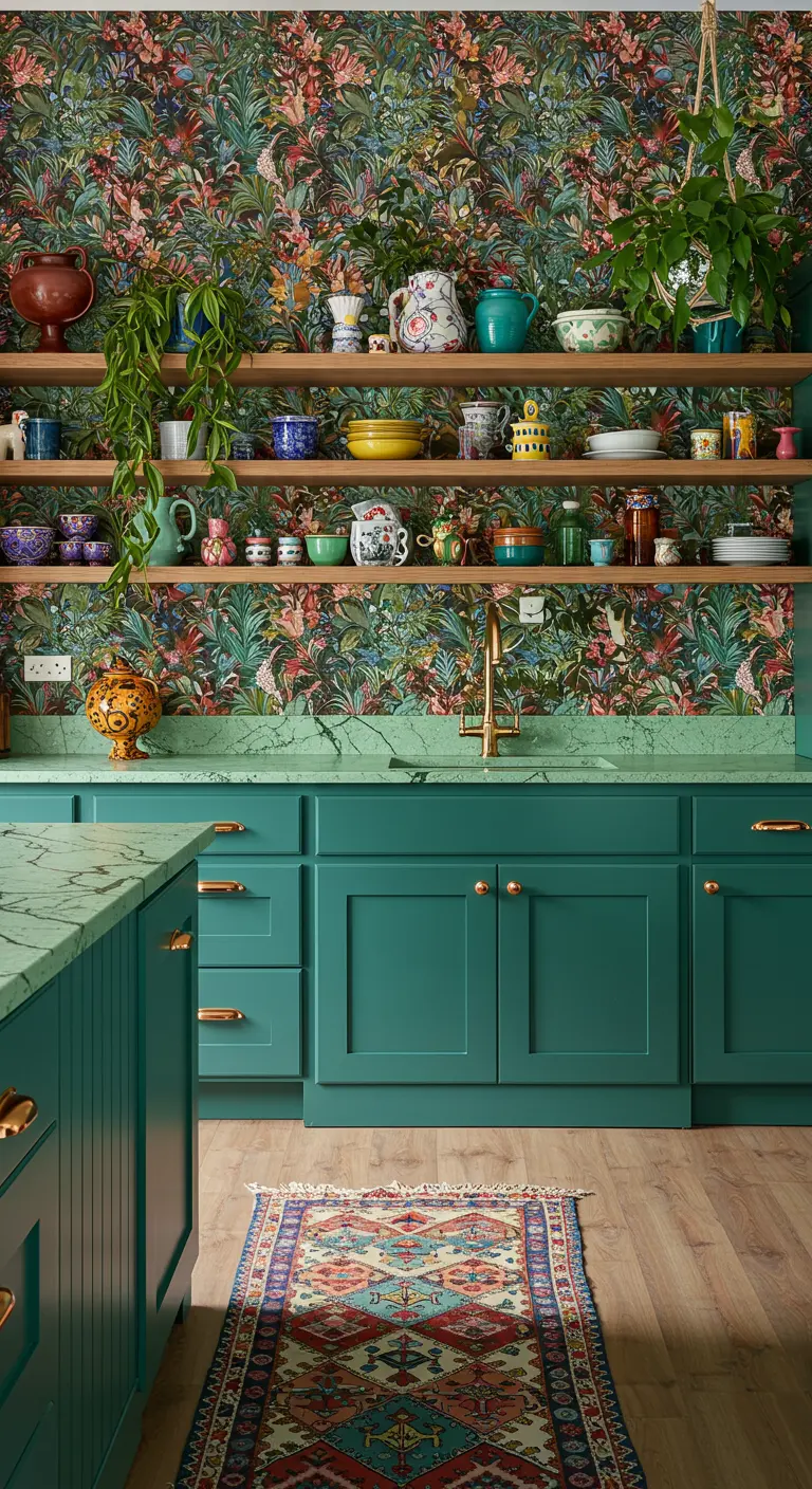 A maximalist kitchen with colorful floral wallpaper, teal cabinets, and eclectic open shelving.