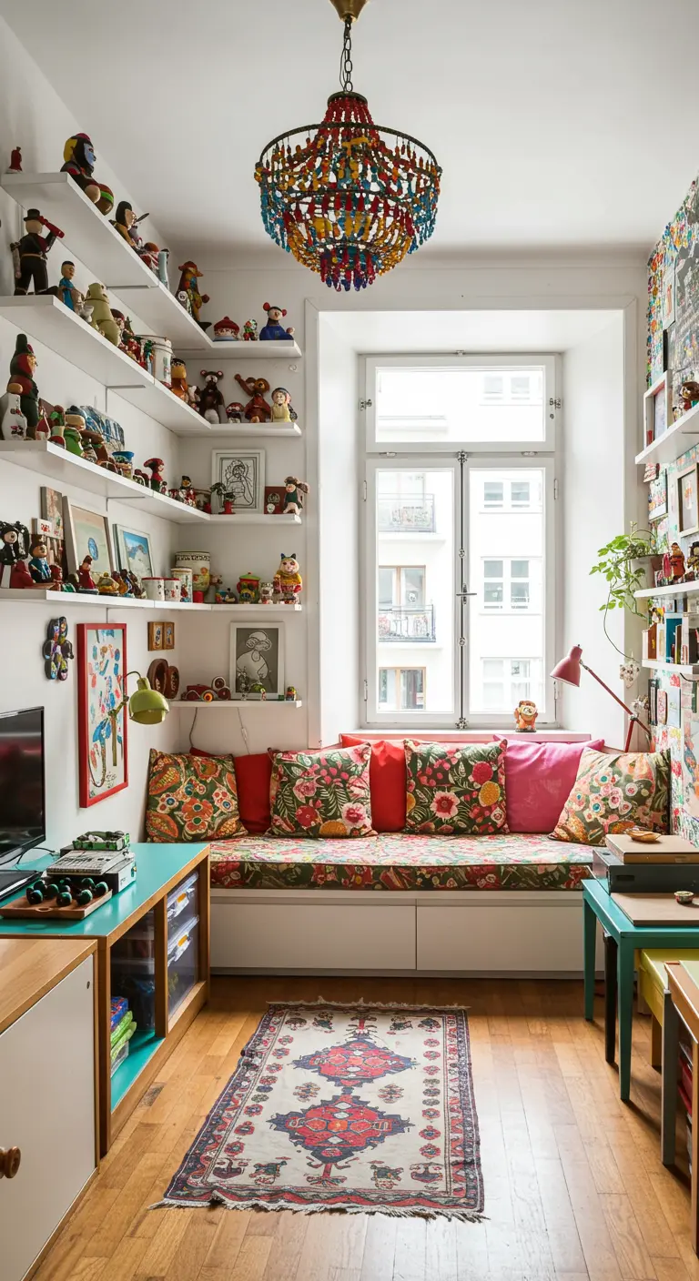Colorful room with high shelves of toys, a cushioned window seat, and a patterned rug.