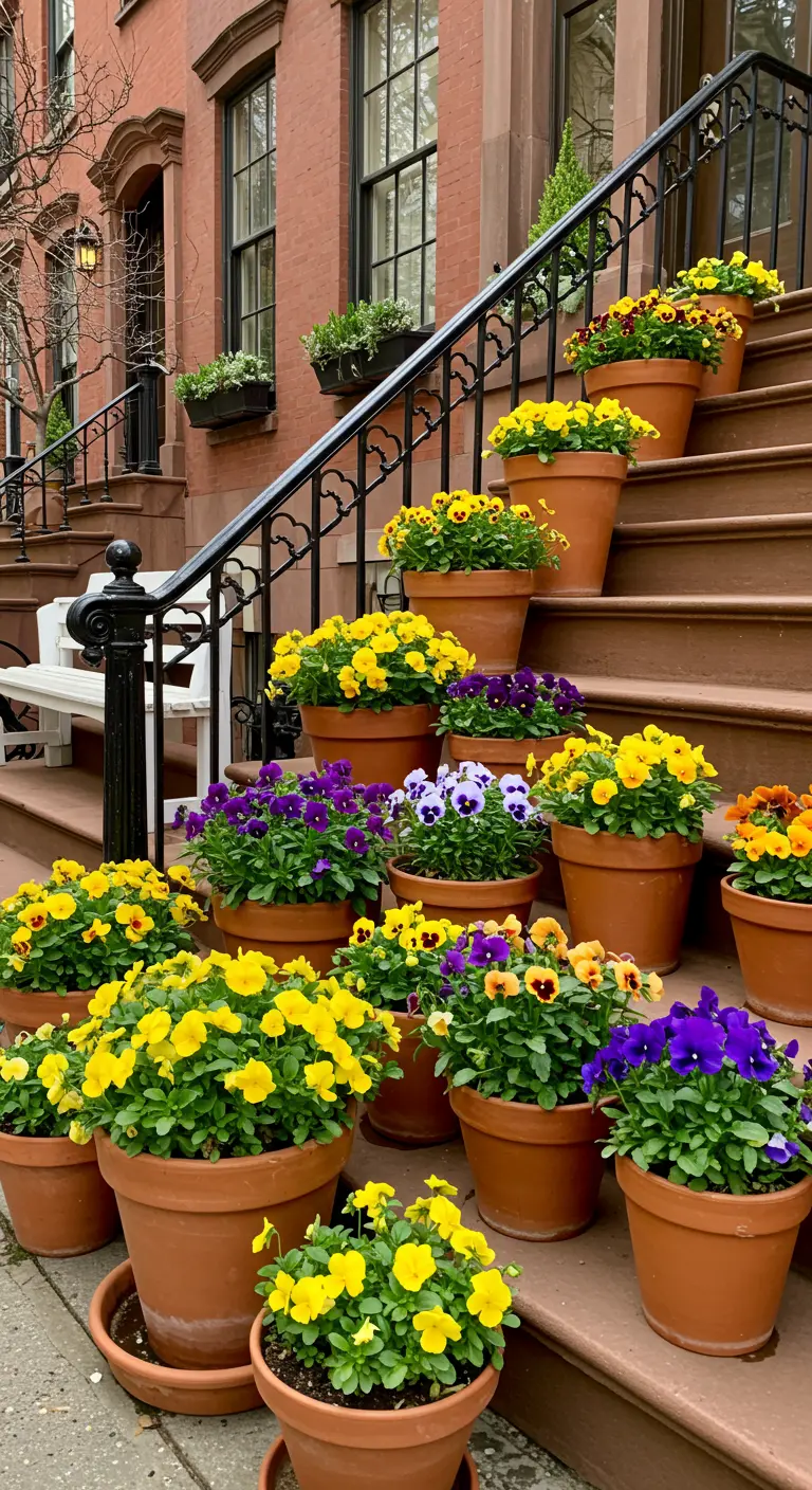 A cascade of yellow and purple pansies in terracotta pots arranged on brownstone steps.