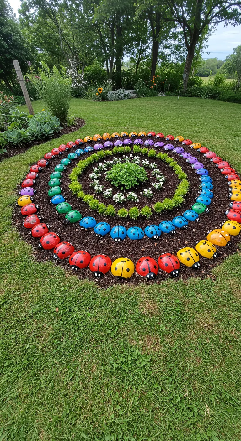 A large, circular garden mandala made of concentric rings of rainbow-colored painted ladybug rocks.