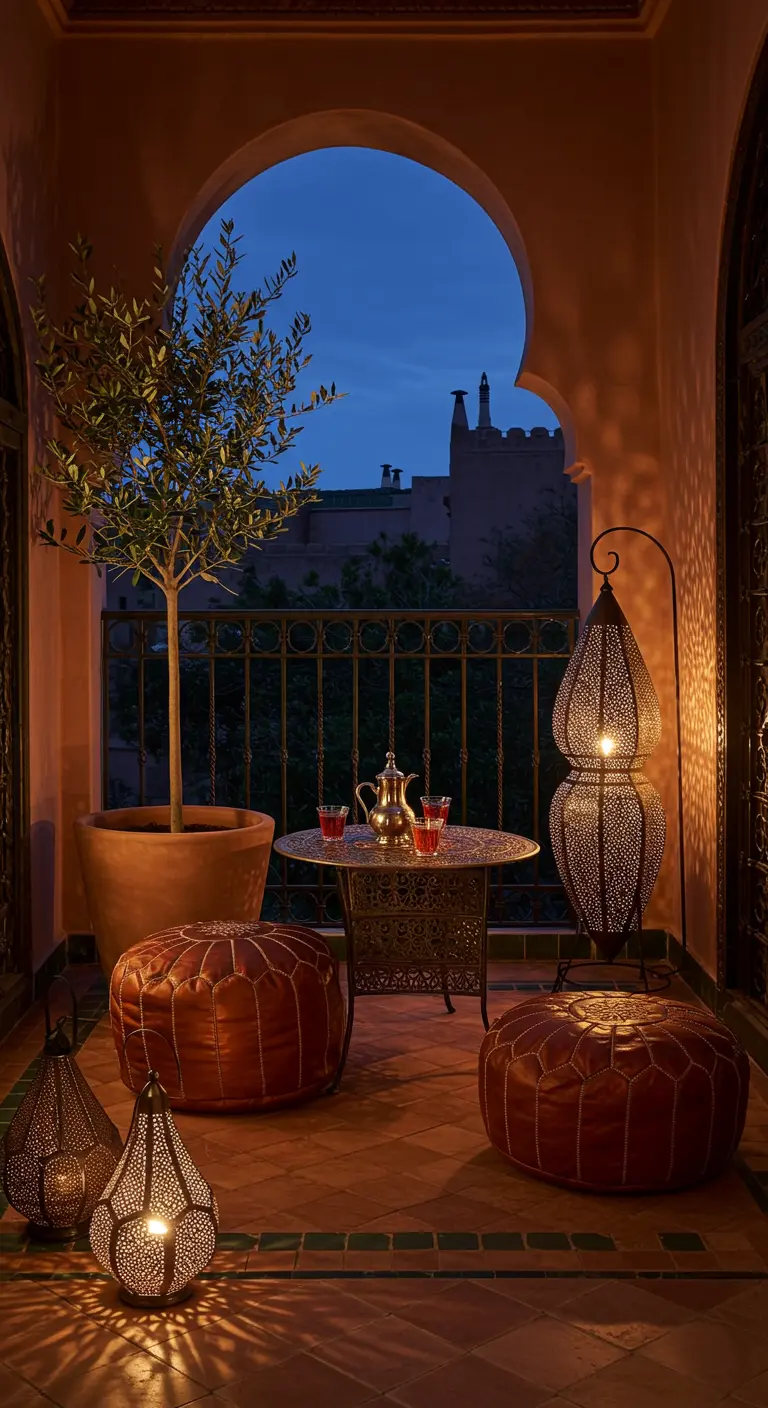 A Moroccan-themed balcony at night with leather poufs, lanterns, and a potted olive tree.