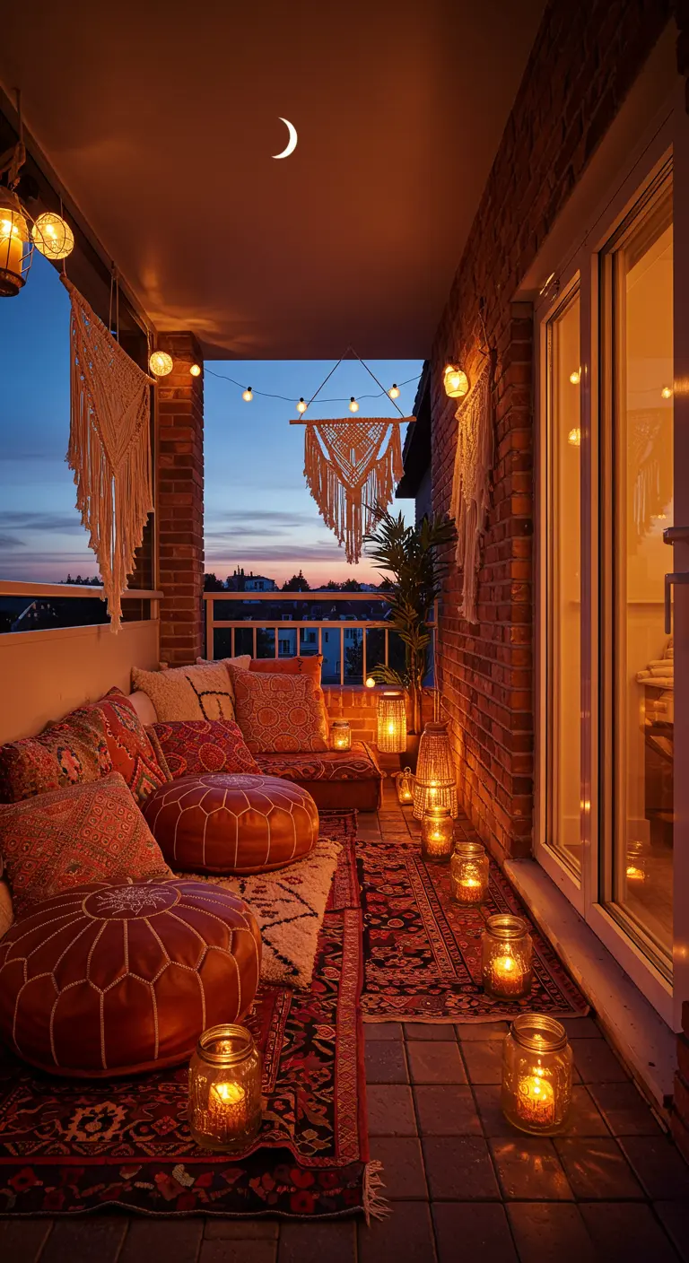 A cozy Moroccan-style balcony with layered rugs, leather poufs, and many lanterns at dusk.