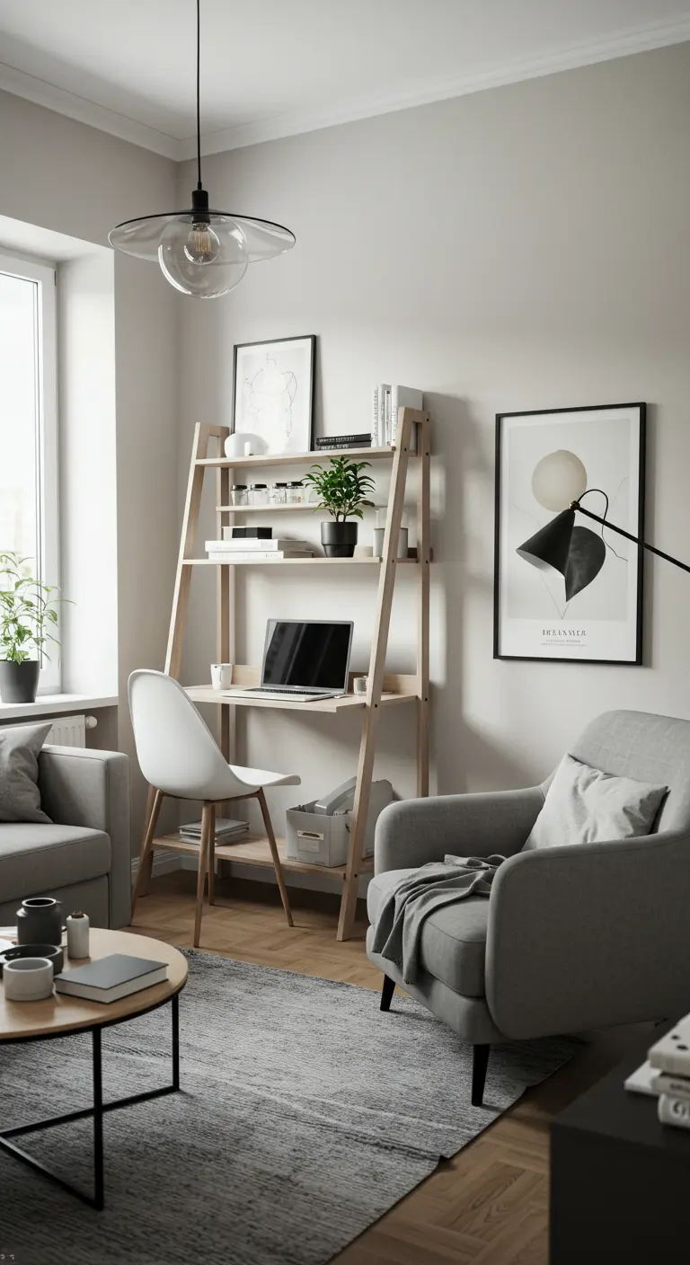 A Scandinavian-style living room with a light wood leaning ladder desk next to a gray armchair.