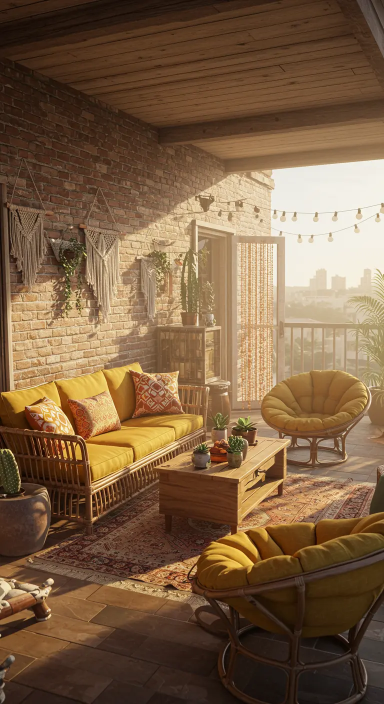 Retro balcony with a rattan sofa, mustard cushions, and macrame on a brick wall.