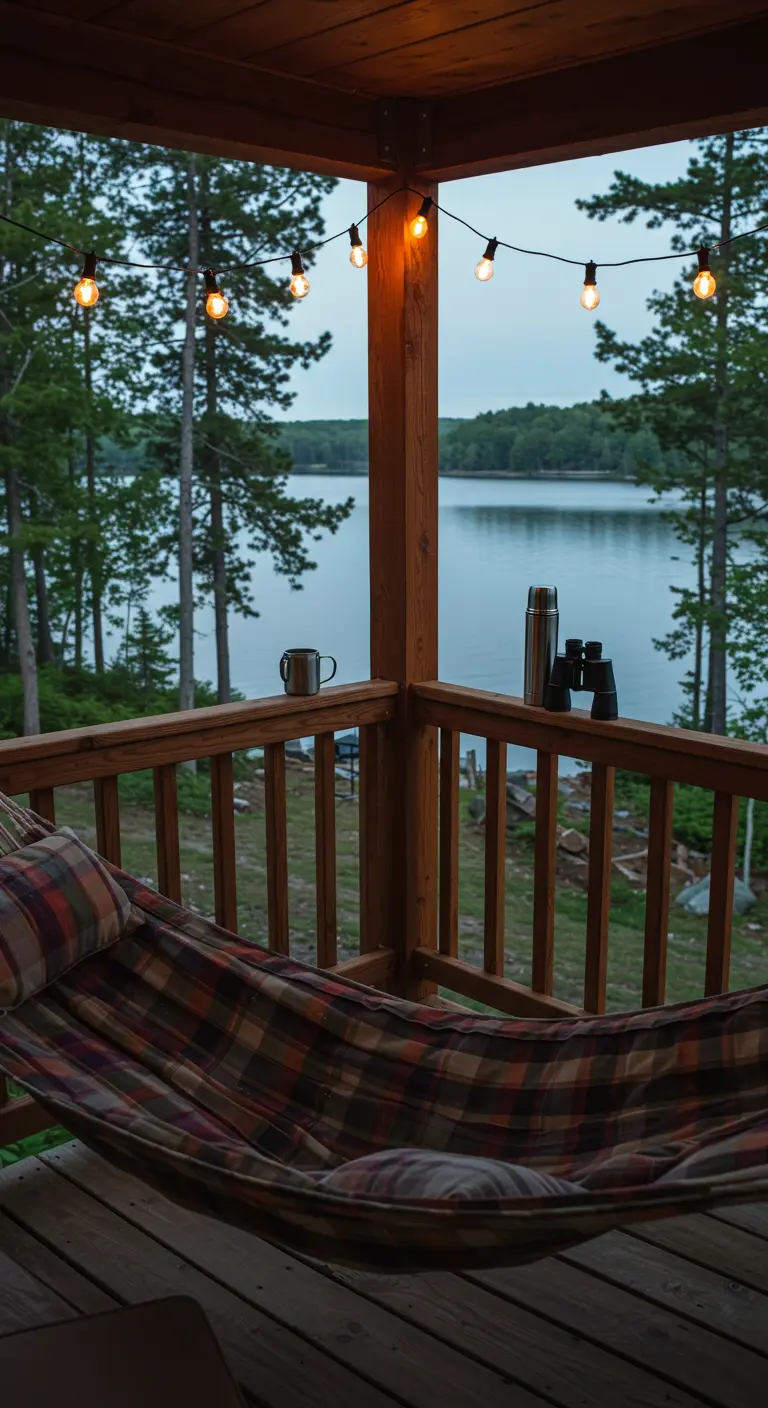 A plaid hammock on a cabin porch overlooking a lake, with binoculars and a thermos.