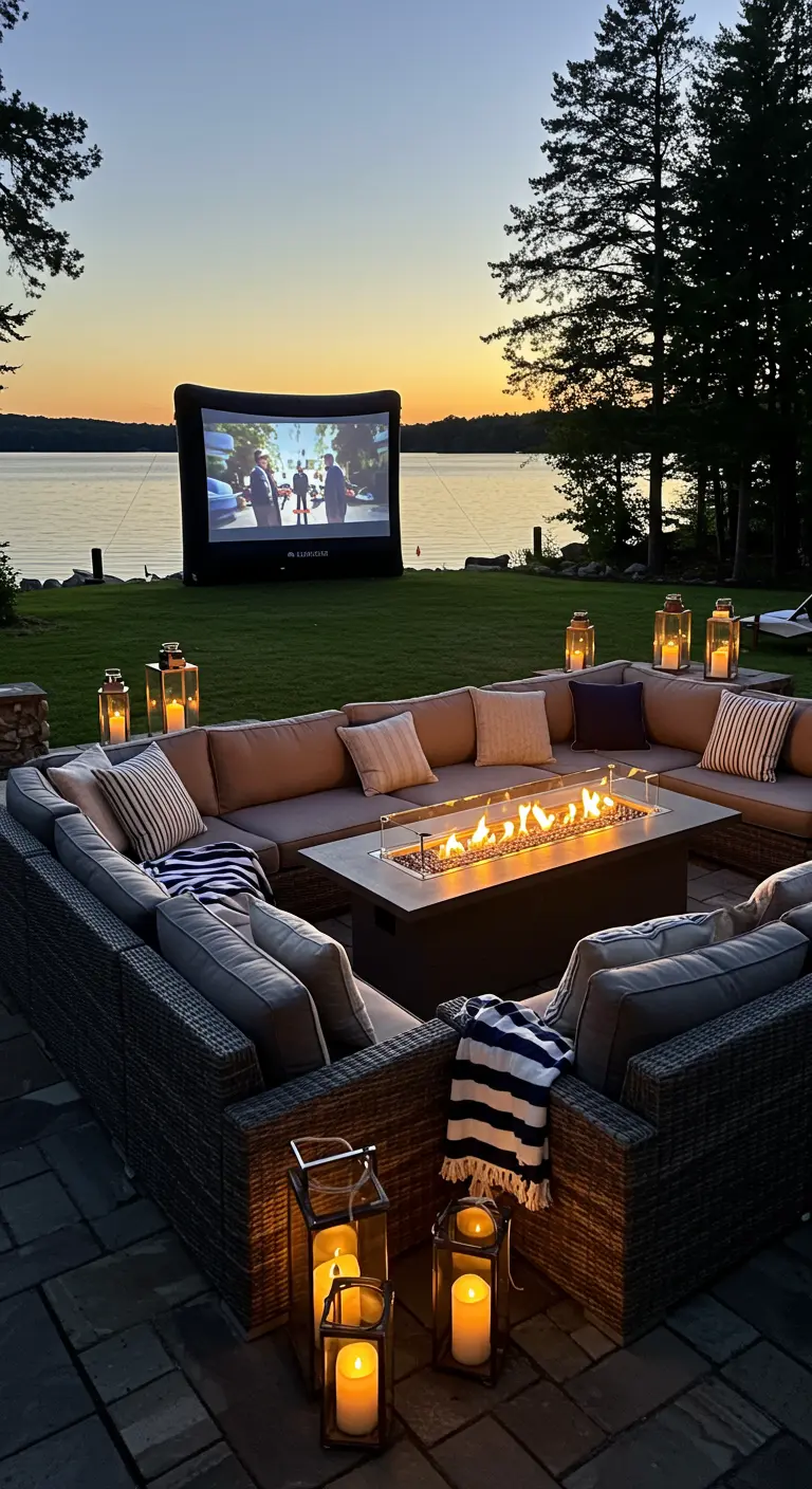 A large sectional sofa around a fire pit table on a patio by a lake, set for a movie night.
