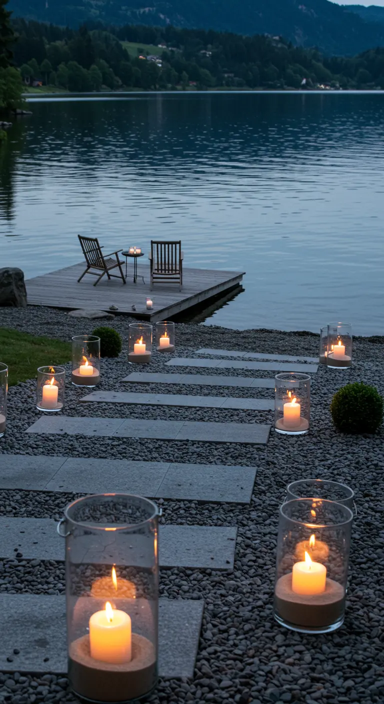 Glass hurricane lamps with candles in sand light a path of stone slabs toward a lake dock.