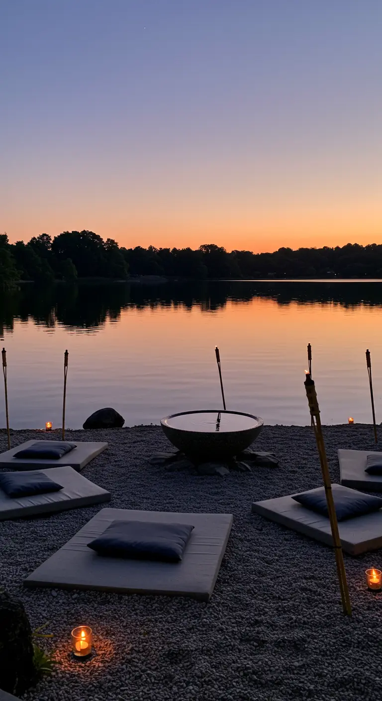 Outdoor cushions on mats arranged on a gravel beach facing a lake at sunset.