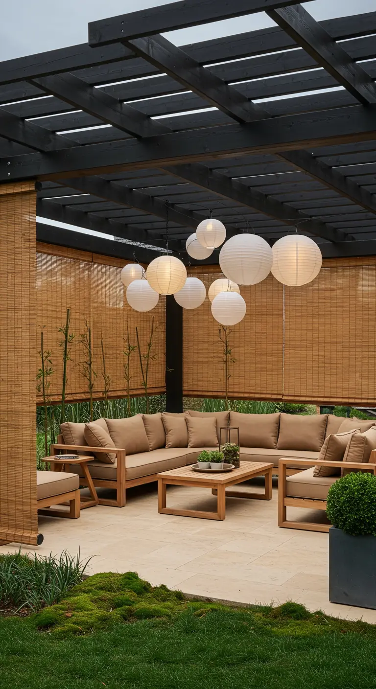 Outdoor lounge under a pergola with a cluster of white paper lanterns.