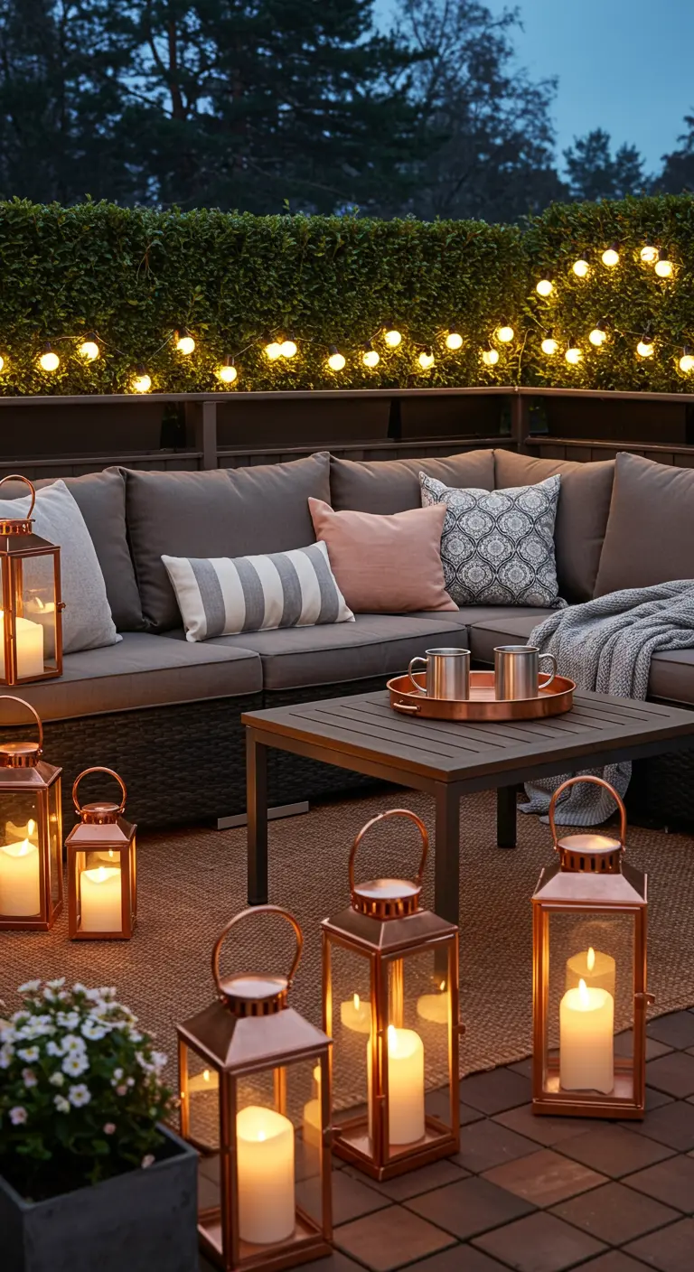 A cozy outdoor sofa surrounded by a multitude of copper lanterns on a tiled patio.