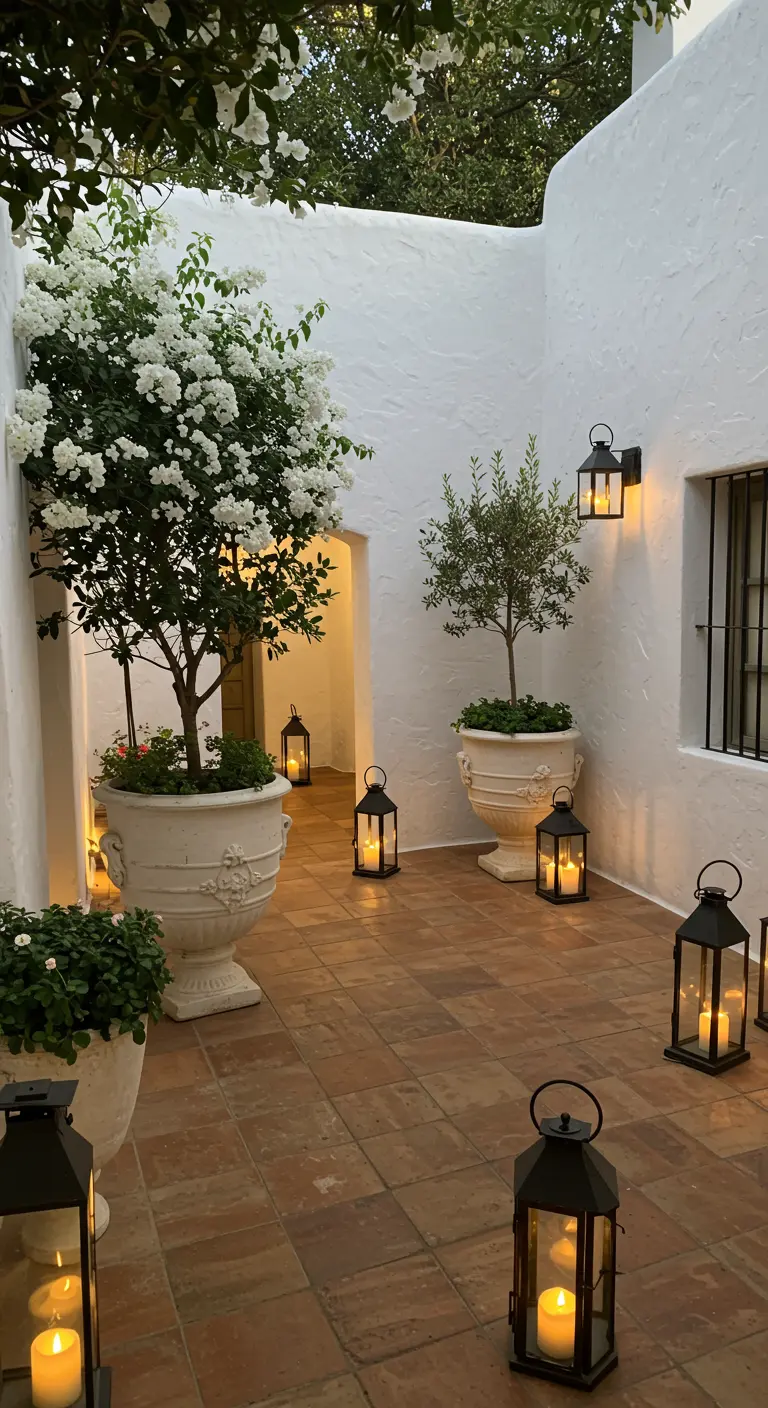 A white stucco courtyard with terracotta tiles, black lanterns, and potted flowering trees.