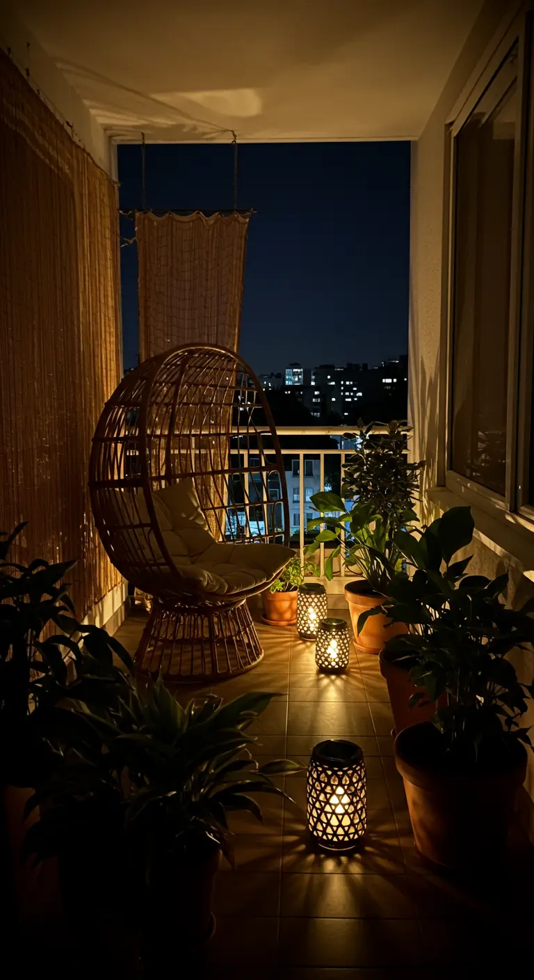 A dark balcony at night, lit by floor lanterns, with a rattan egg chair and plants.