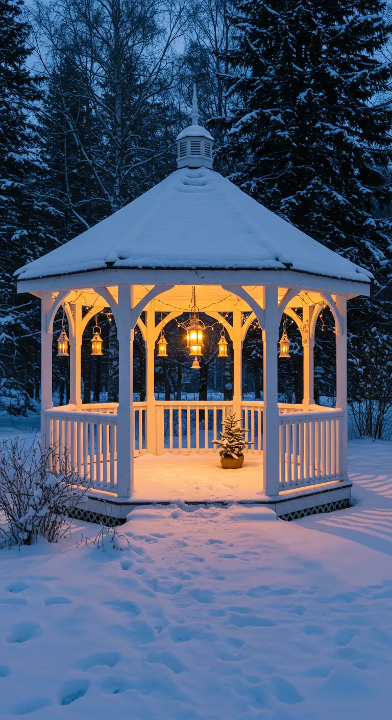 A white gazebo in the snow, filled with the warm glow of hanging lanterns.