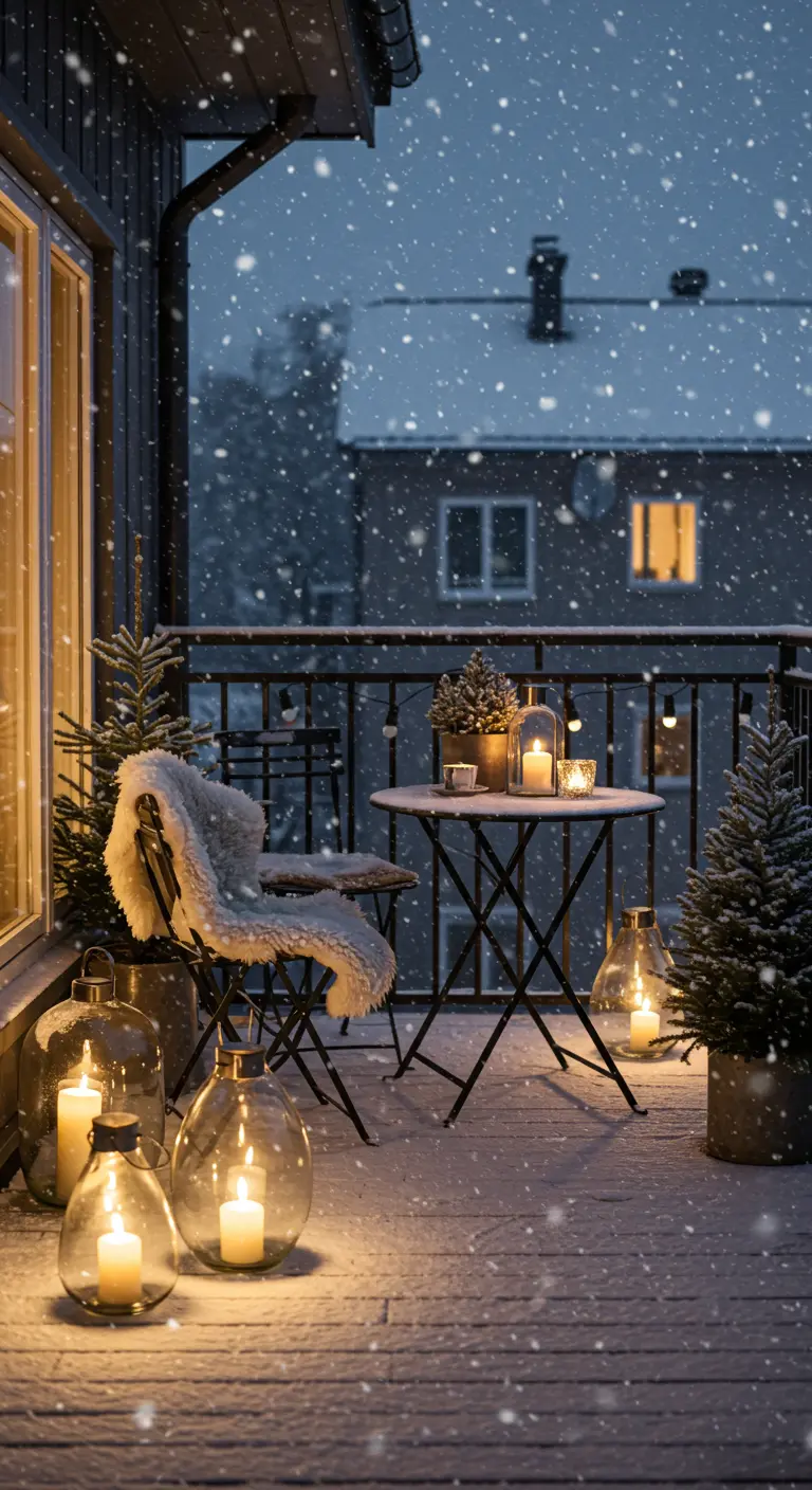 A cozy, snowy balcony at night with a bistro set and dozens of glowing lanterns.