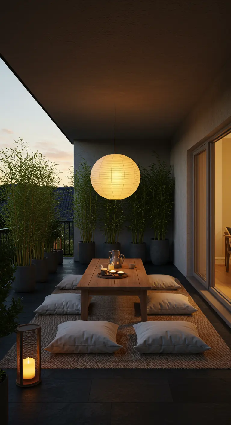 A large spherical paper lantern hangs over a low table with floor cushions on a dark balcony.