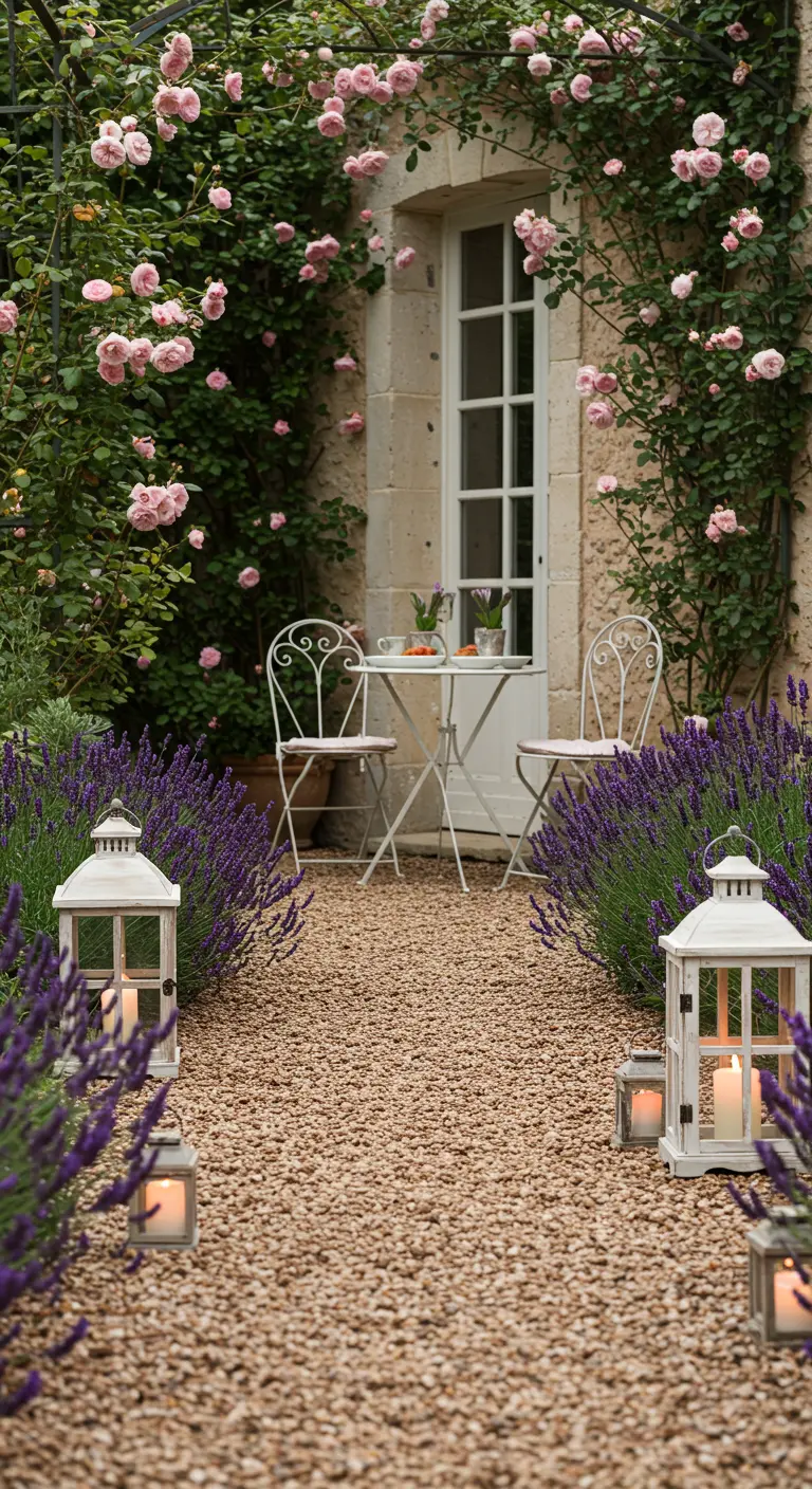 White lanterns sit within lavender borders along a gravel path leading to a bistro set.