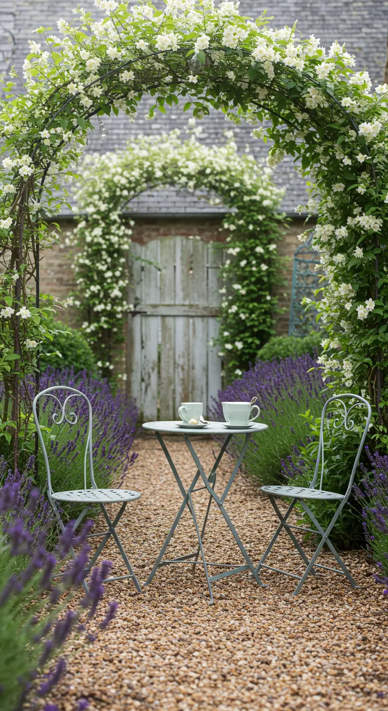 A pale bistro set on a gravel path, lined with rows of fragrant purple lavender.