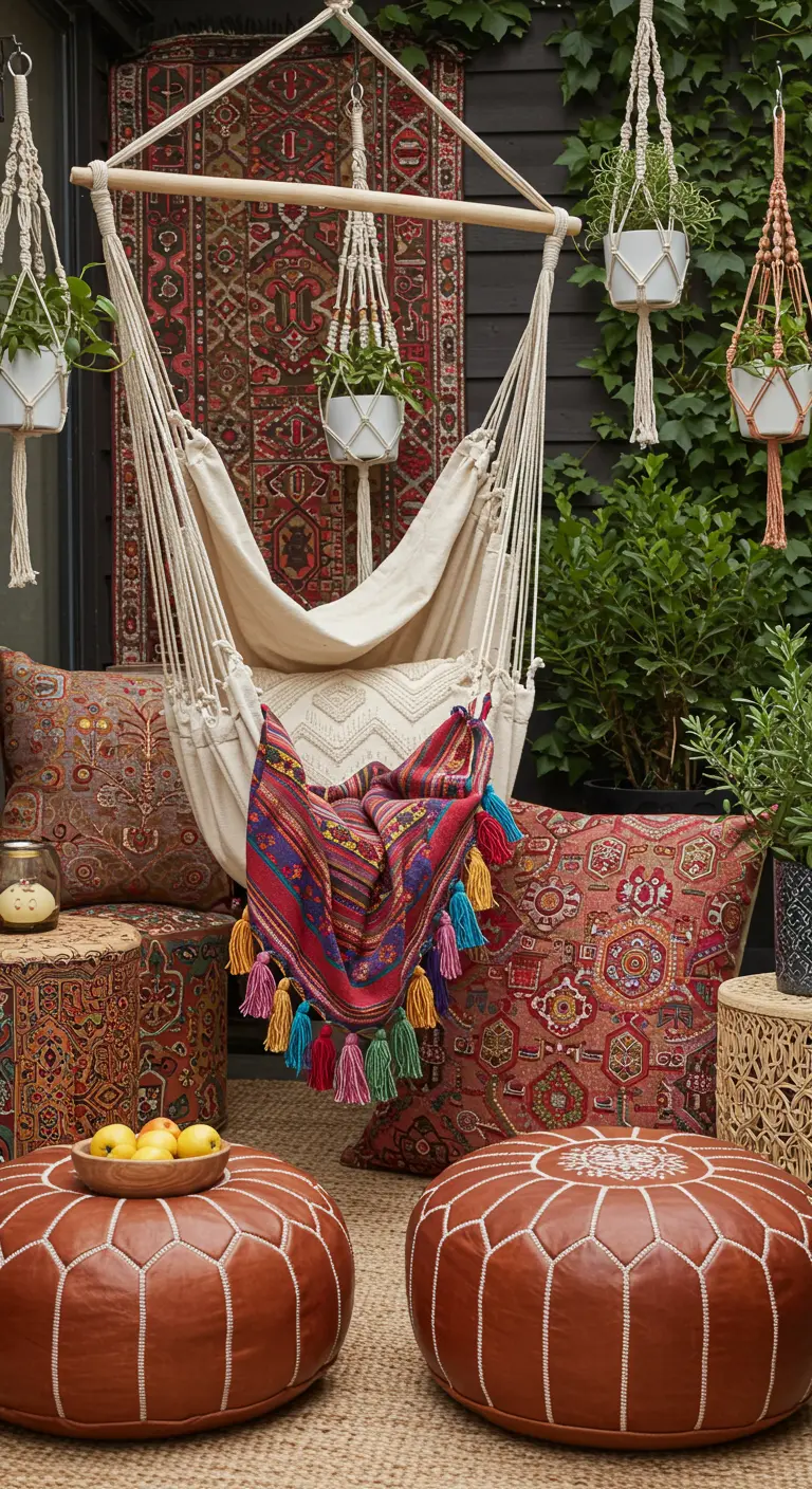 A hammock chair surrounded by layered bohemian textiles, pillows, and poufs on a cozy patio.