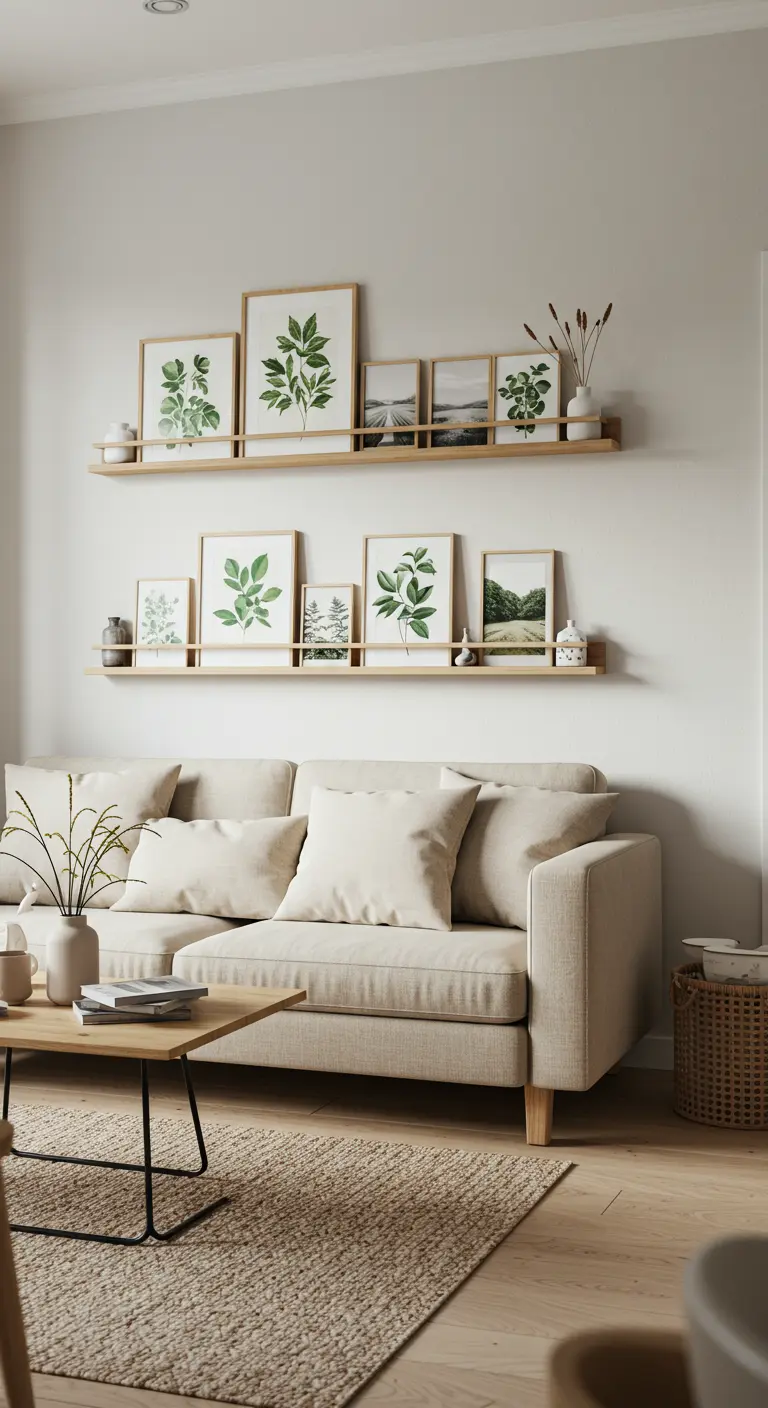 Two light wood picture ledges with botanical prints and ceramics above a beige sofa.