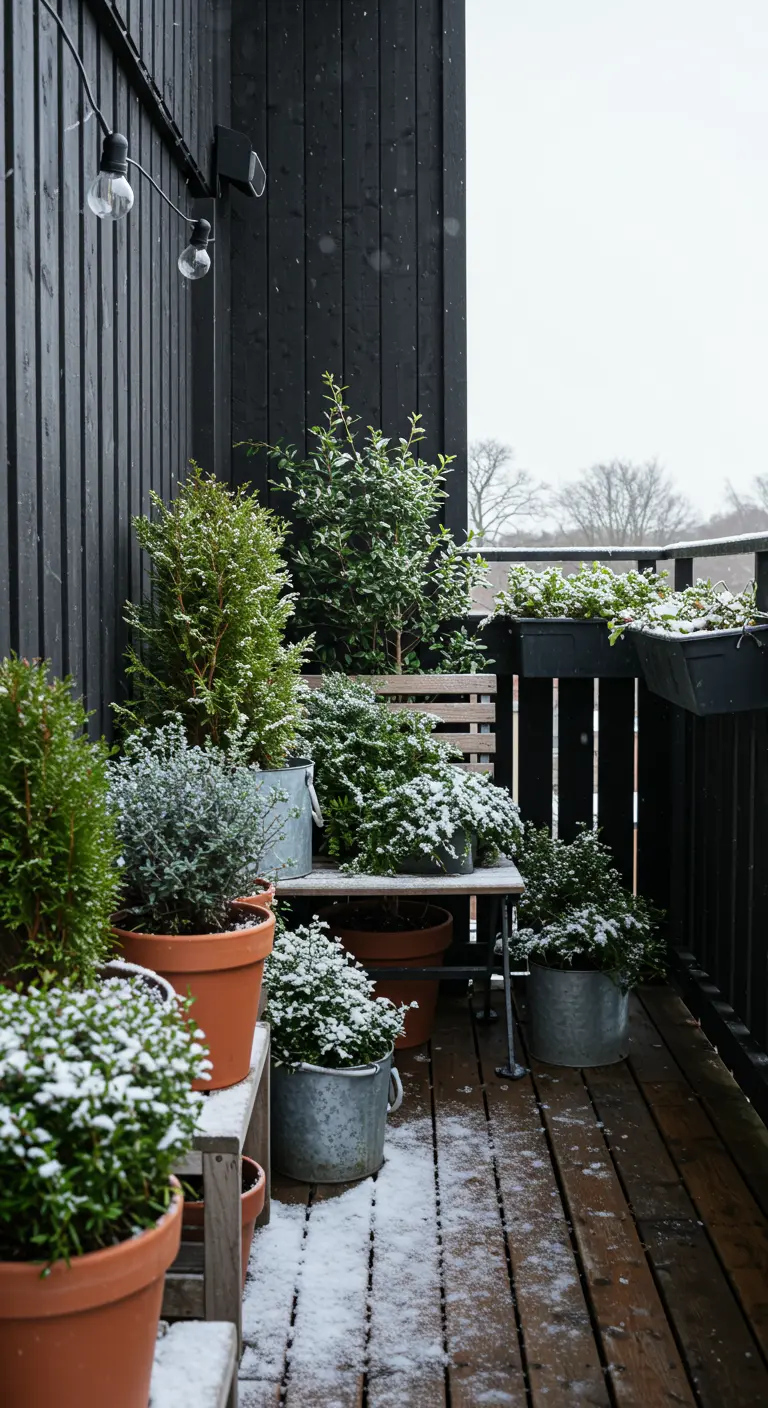 A balcony packed with a variety of evergreen plants in terracotta and metal pots, creating a forest effect.