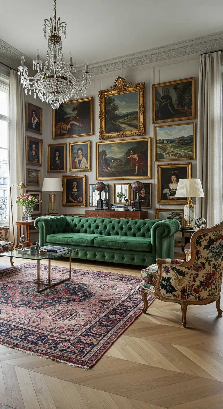 Elegant living room with a large green tufted sofa and a grand gallery wall of framed portraits and landscapes.