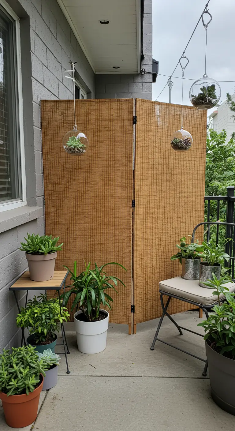 A patio with a folding bamboo screen placed behind numerous potted plants.