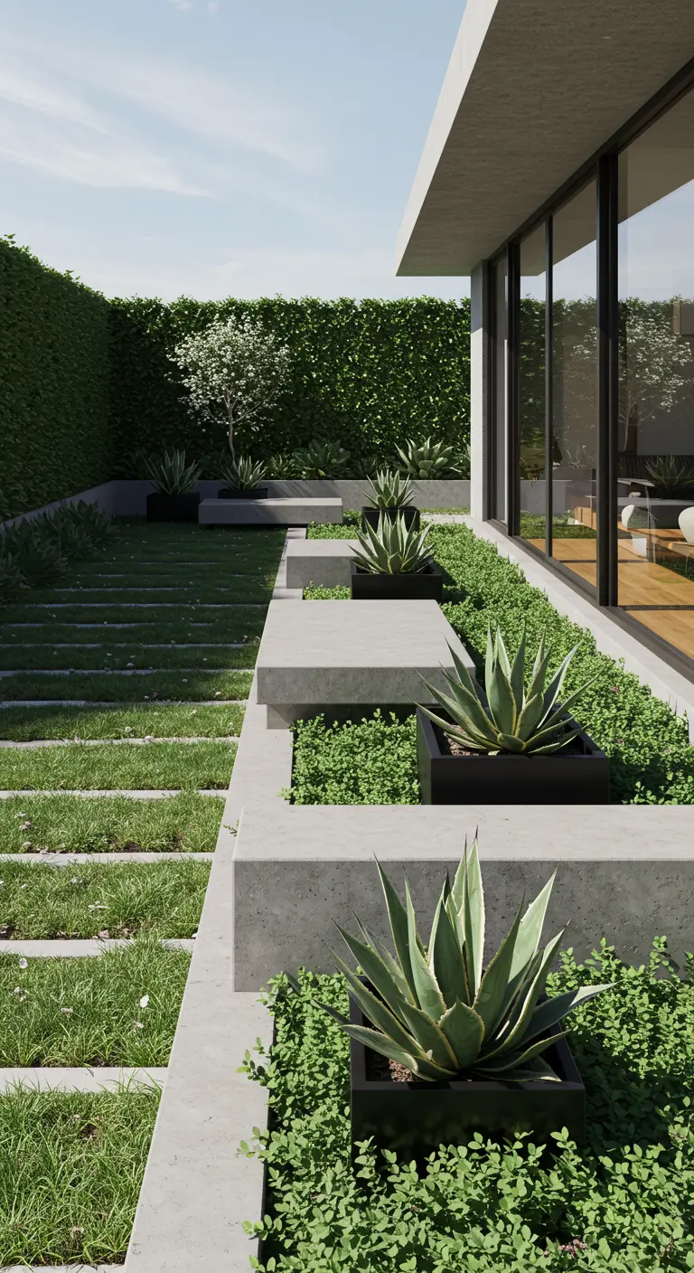 Tiered concrete benches and planters set against a verdant wall of ivy and other greenery.