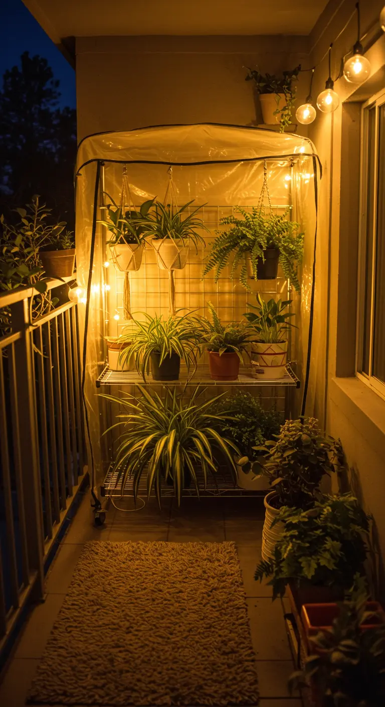A rolling wire greenhouse with hanging spider plants and a grid for climbing vines.