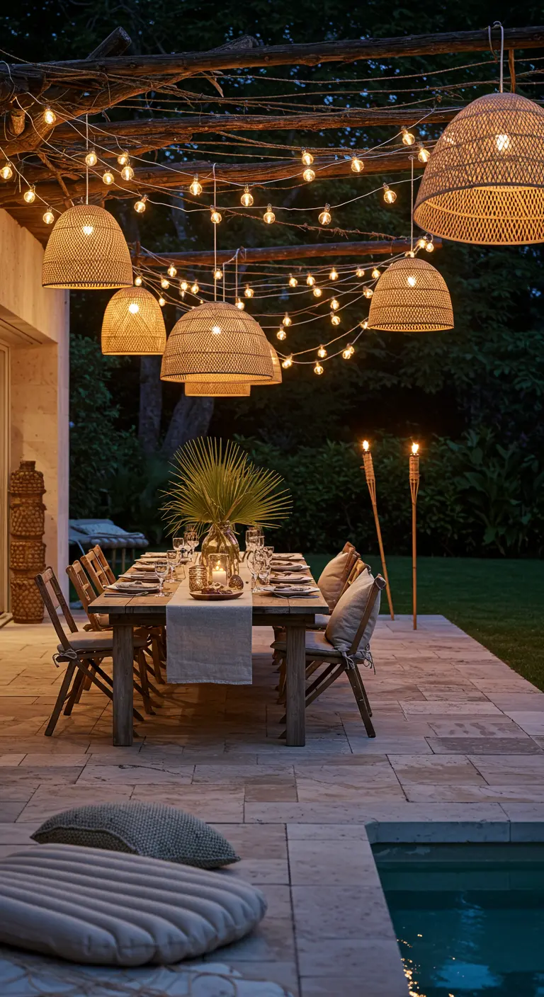 Outdoor dining table under a canopy of rattan pendants and string lights.