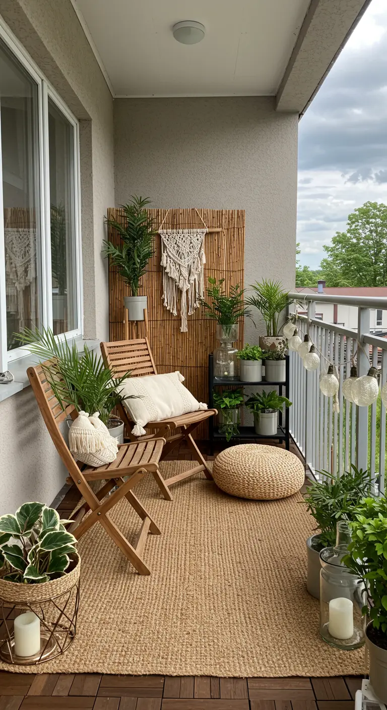 A richly layered boho balcony with a jute rug, pouf, bamboo screen, and many plants.