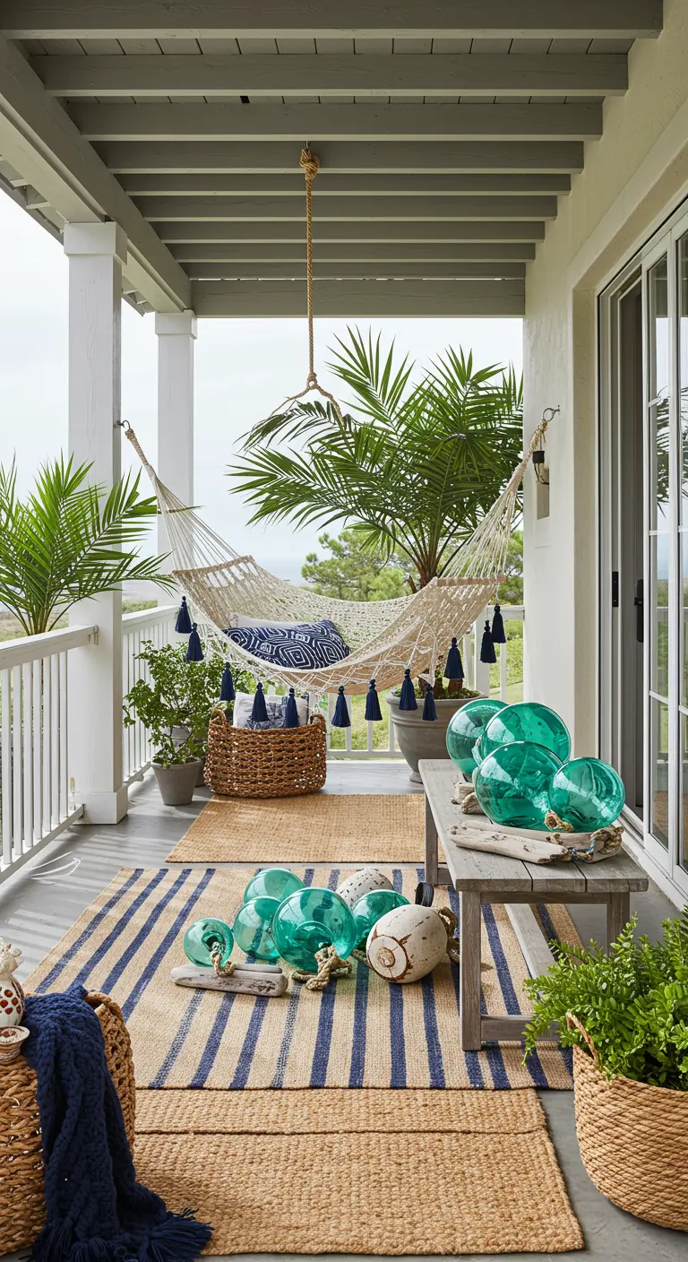 A layered coastal porch with a hammock, striped rugs, and clusters of glass buoys.