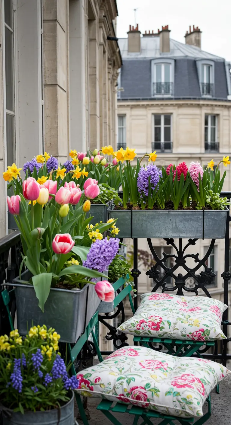 Balcony railings overflowing with colorful spring bulbs like tulips, daffodils, and hyacinths.