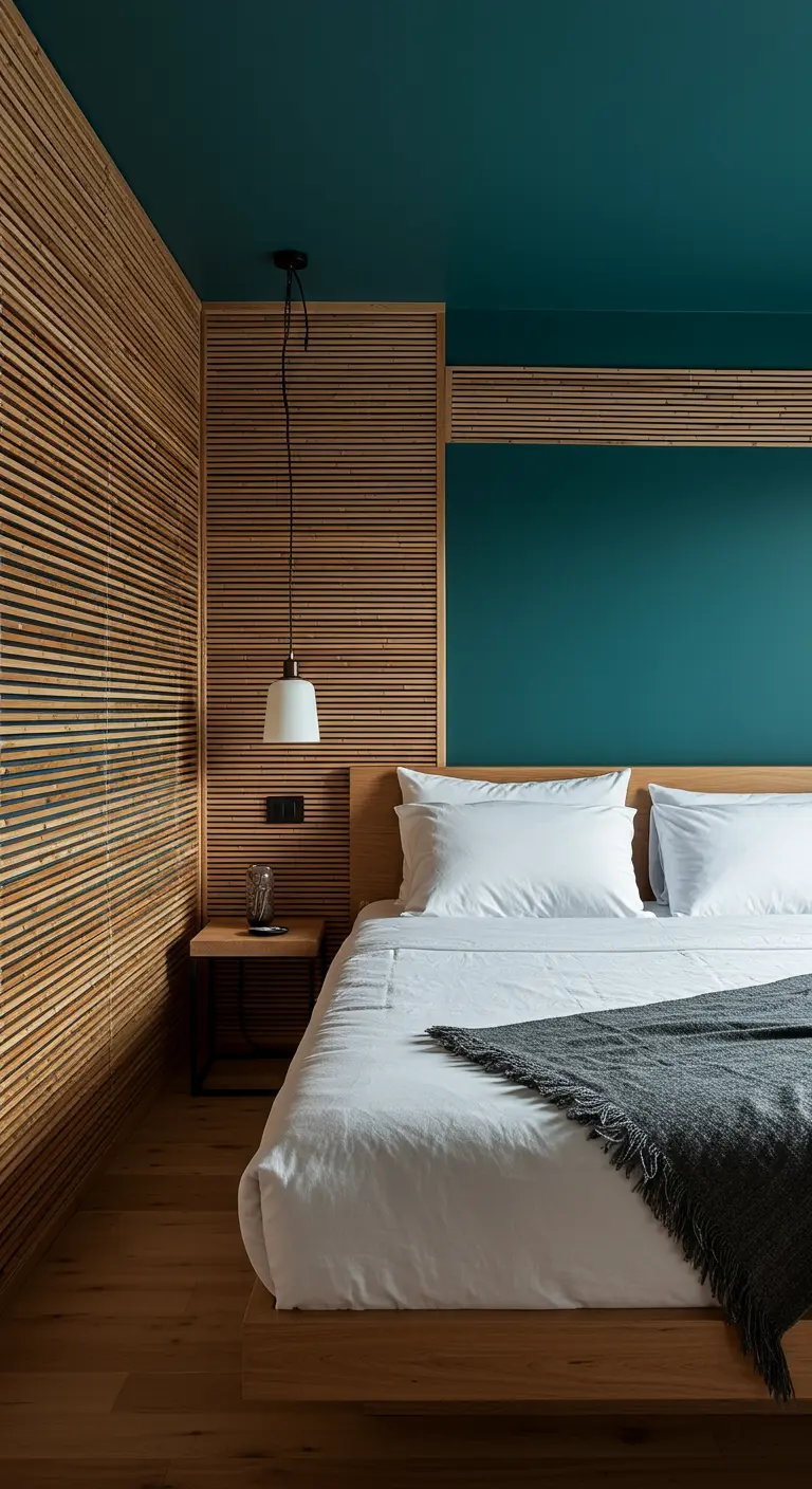 A bedroom with horizontal wood slats and a teal painted accent behind the bed.