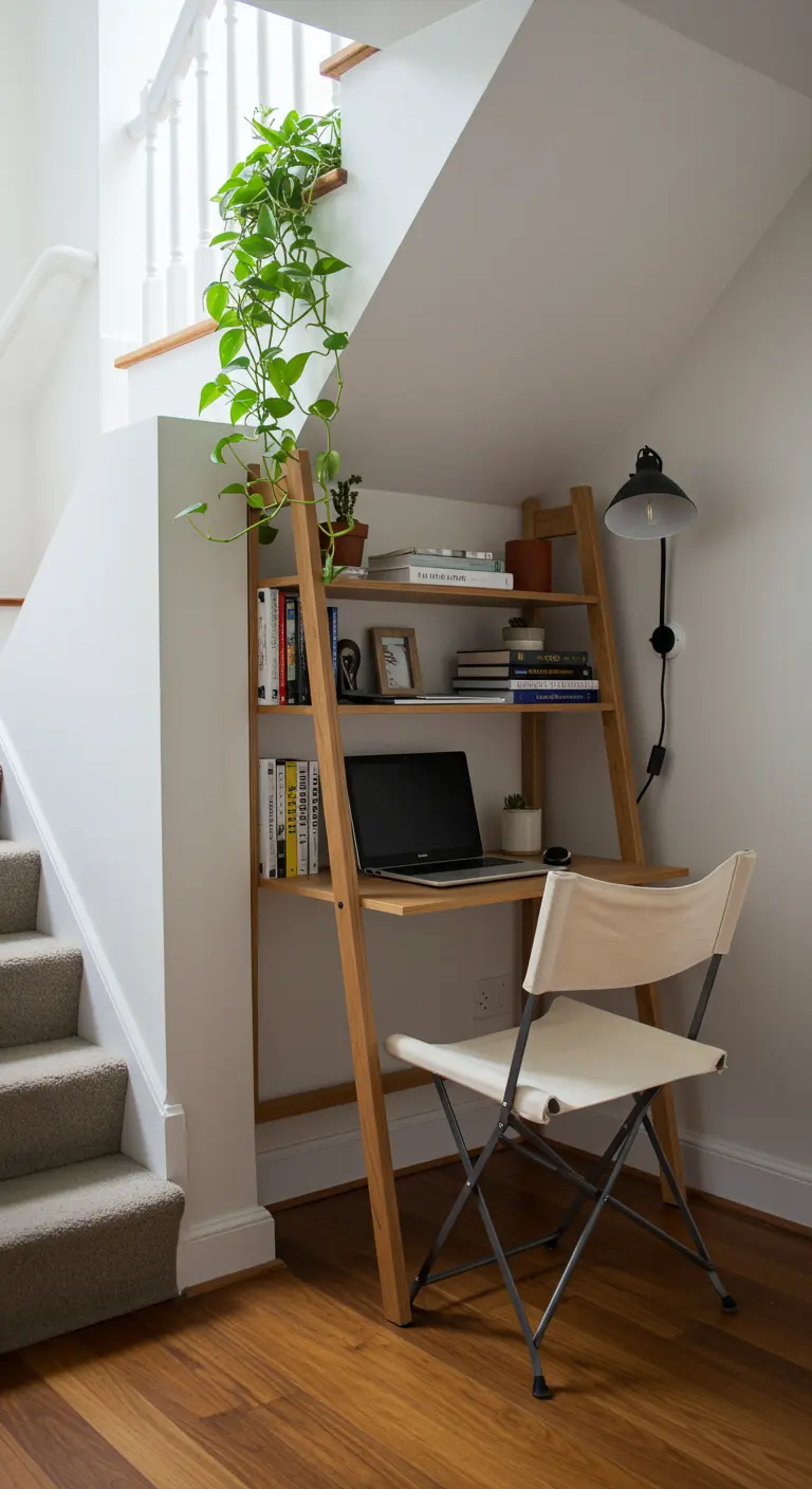 A light and airy office nook featuring a leaning ladder desk and a simple folding chair.