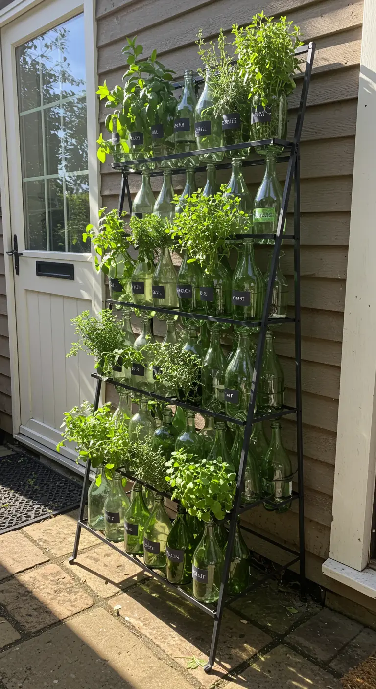 A black A-frame shelf holding a vertical wine bottle herb garden.