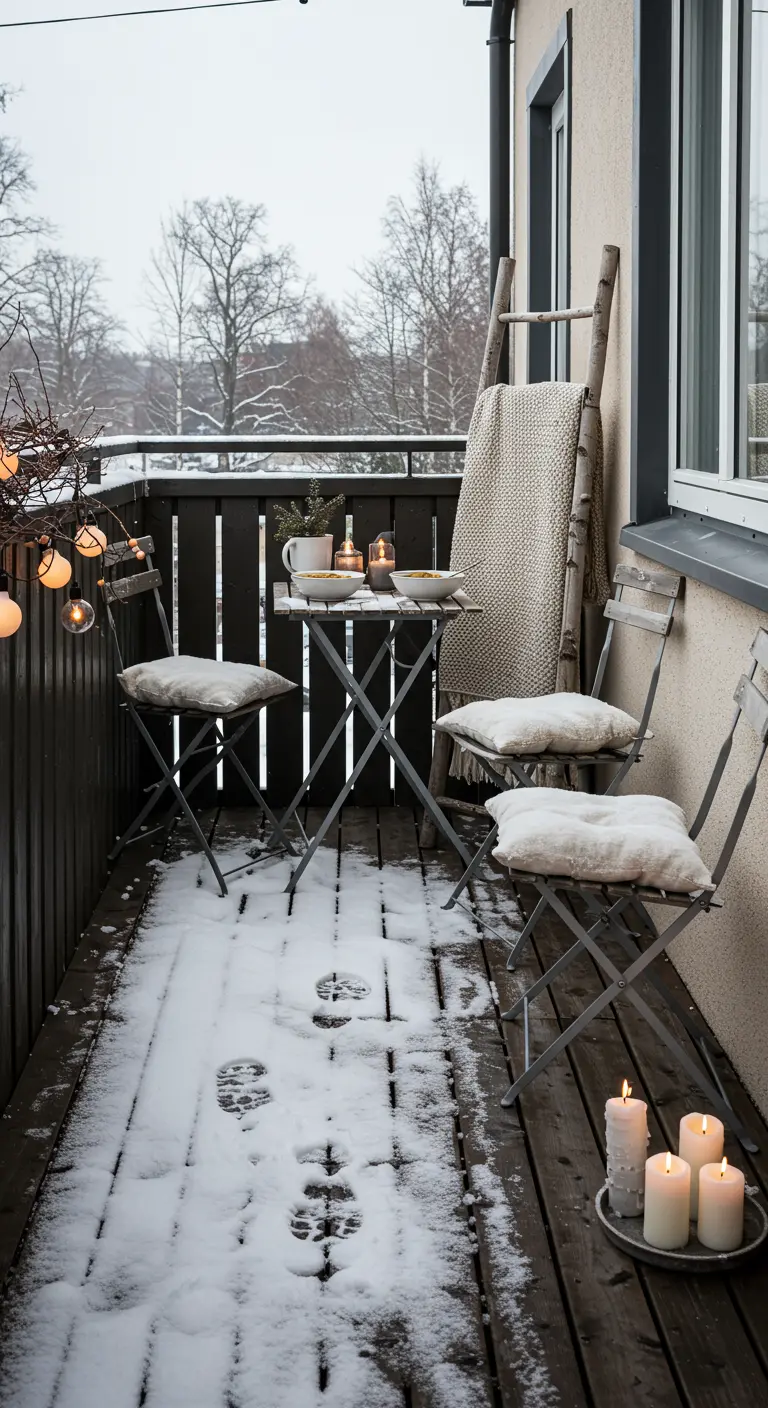 A cozy balcony with a bistro set, a blanket on a ladder, and candles in the snow.