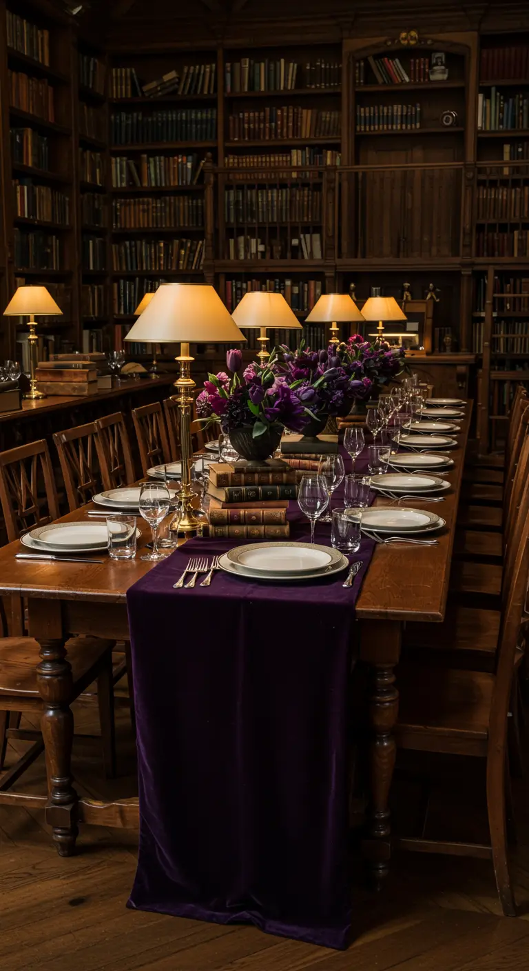Long dining table in a library, with flowers placed on stacks of old books.