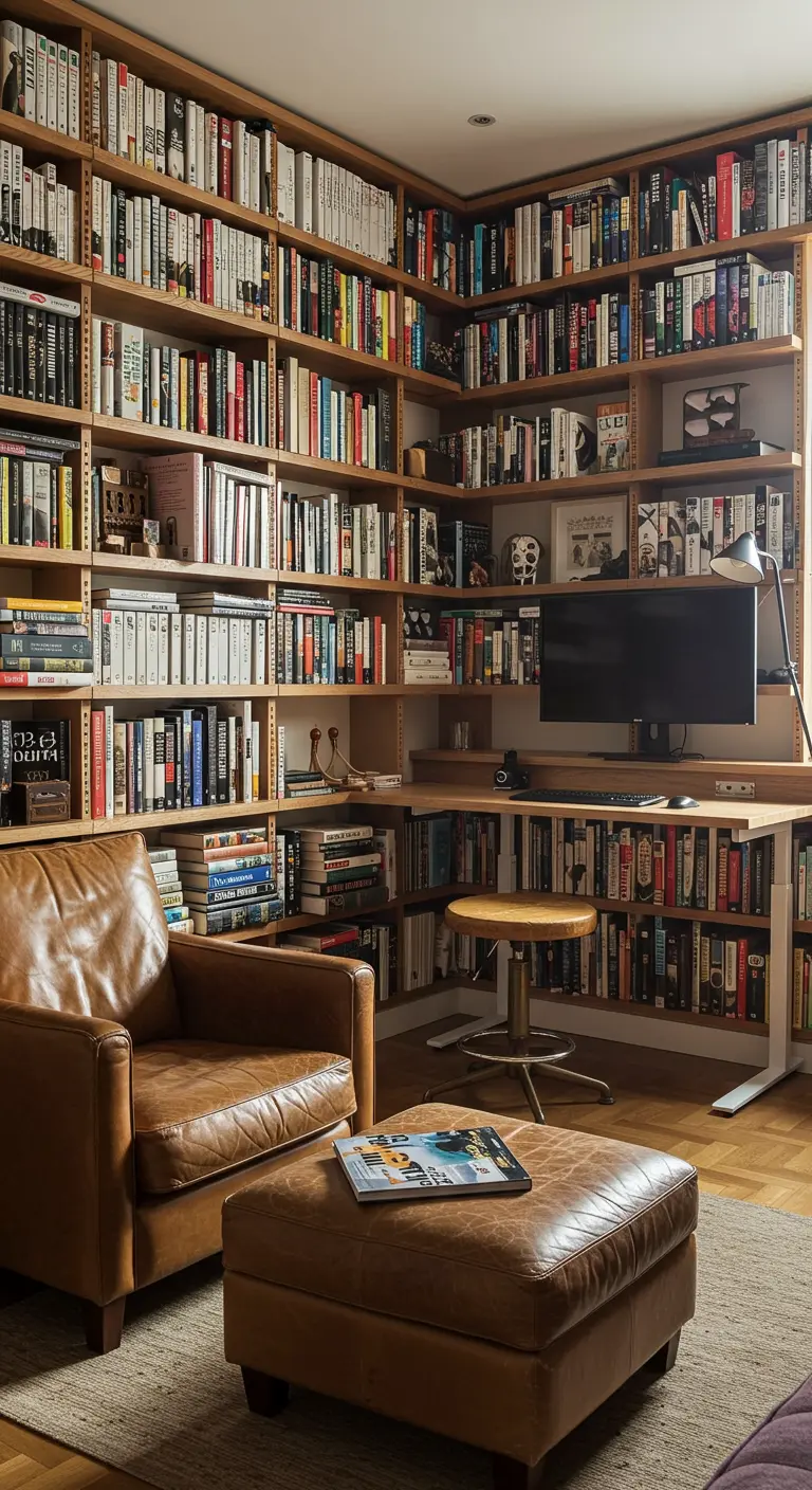 A corner desk built into floor-to-ceiling bookshelves, with a leather armchair nearby.