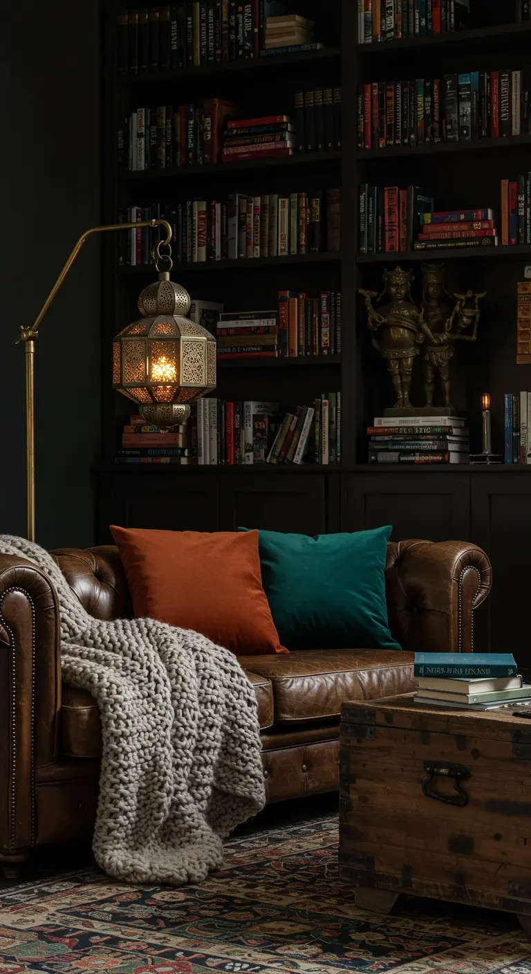 A cozy library with a leather chesterfield sofa and a brass Moroccan lantern floor lamp.