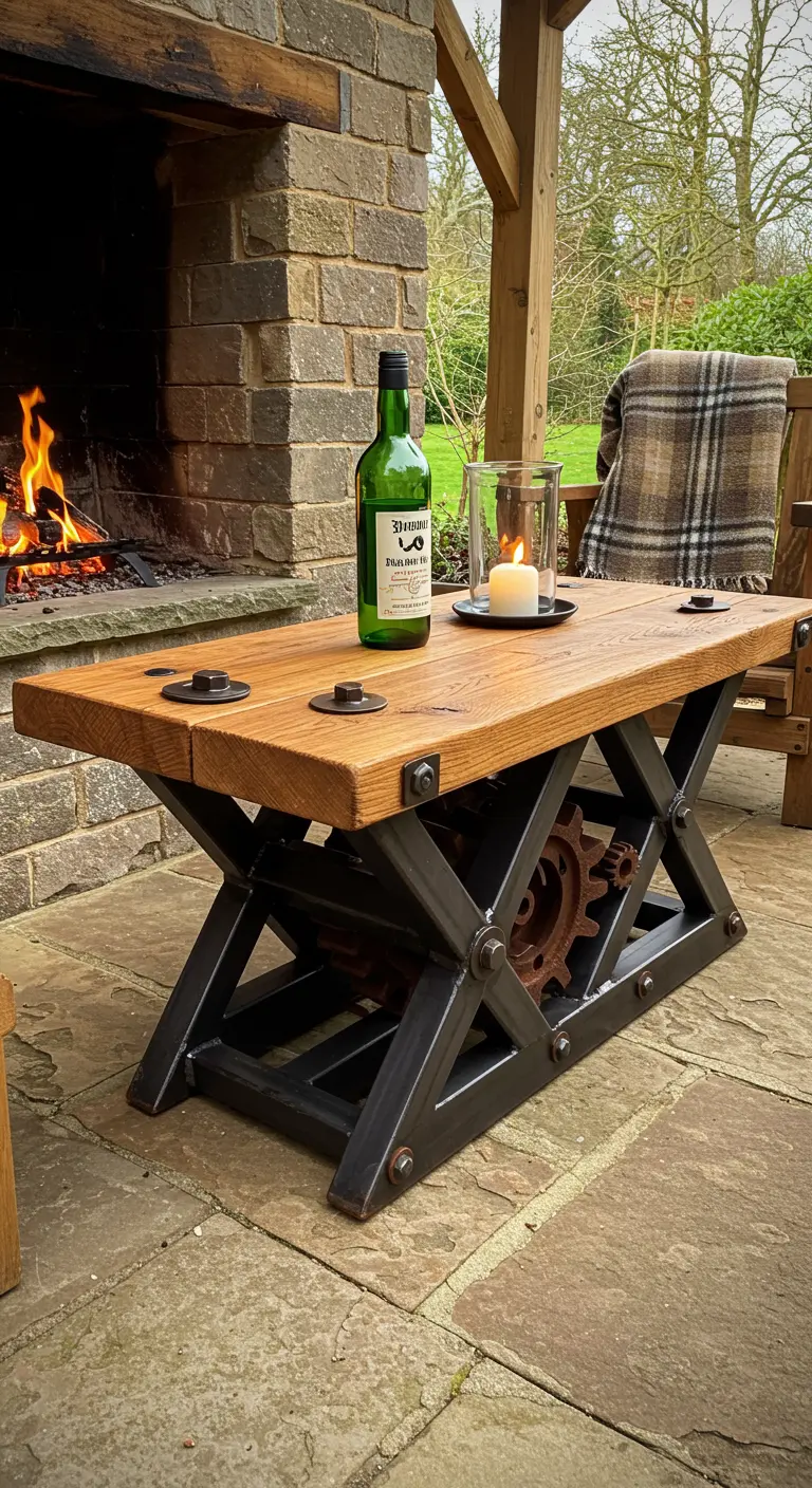 Low coffee table with a thick oak top and a black metal scissor-lift base with gears.