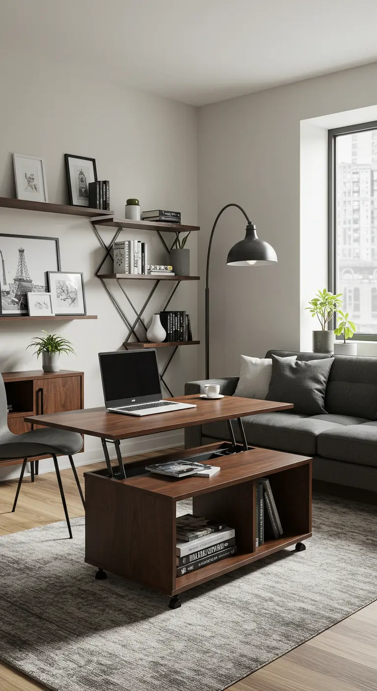 A modern living room with a dark wood coffee table that has a lift-top mechanism for a laptop.